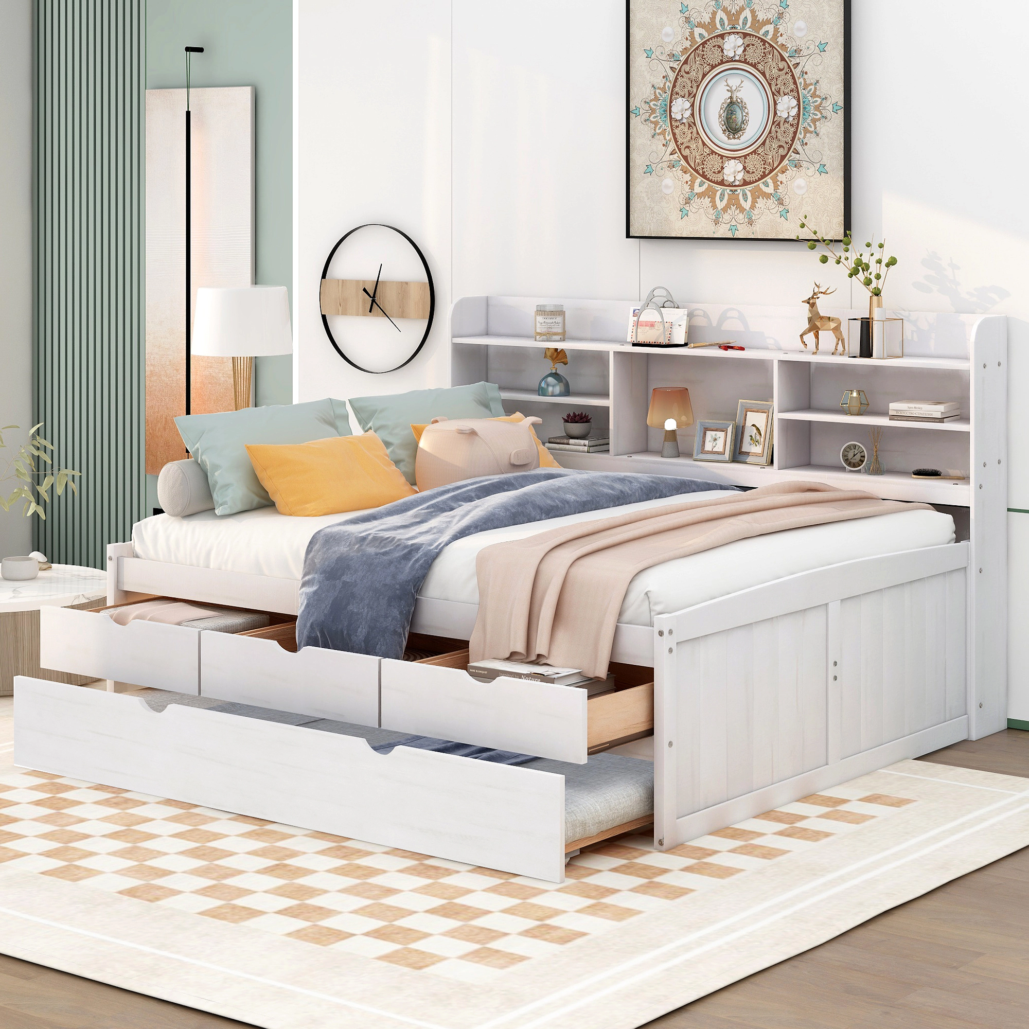 Flynama Full Wooden Captain Bed with Bookshelves, 3 Drawers & Trundle, White Wash