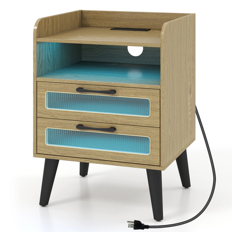 Hivvago Mid Century Modern Nightstand With Charging Station And Led Lights