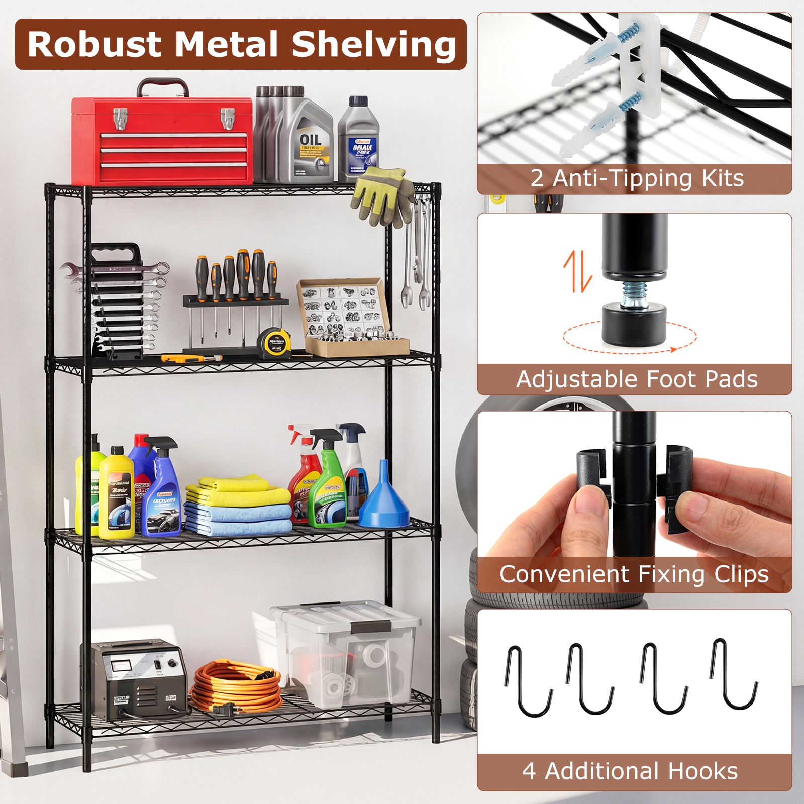 SUGIFT 4-Tier Adjustable Storage Shelving Unit with V-Shaped Wire Rack 1000-lb Total Capacity 250-lb Per Shelf Black