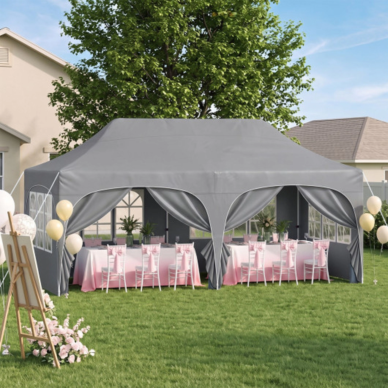 SUGIFT 10 x 20-ft Pop Up Patio Canopy Tent with 6 Removable Sidewalls and Church Windows 10.4-ft H Gray