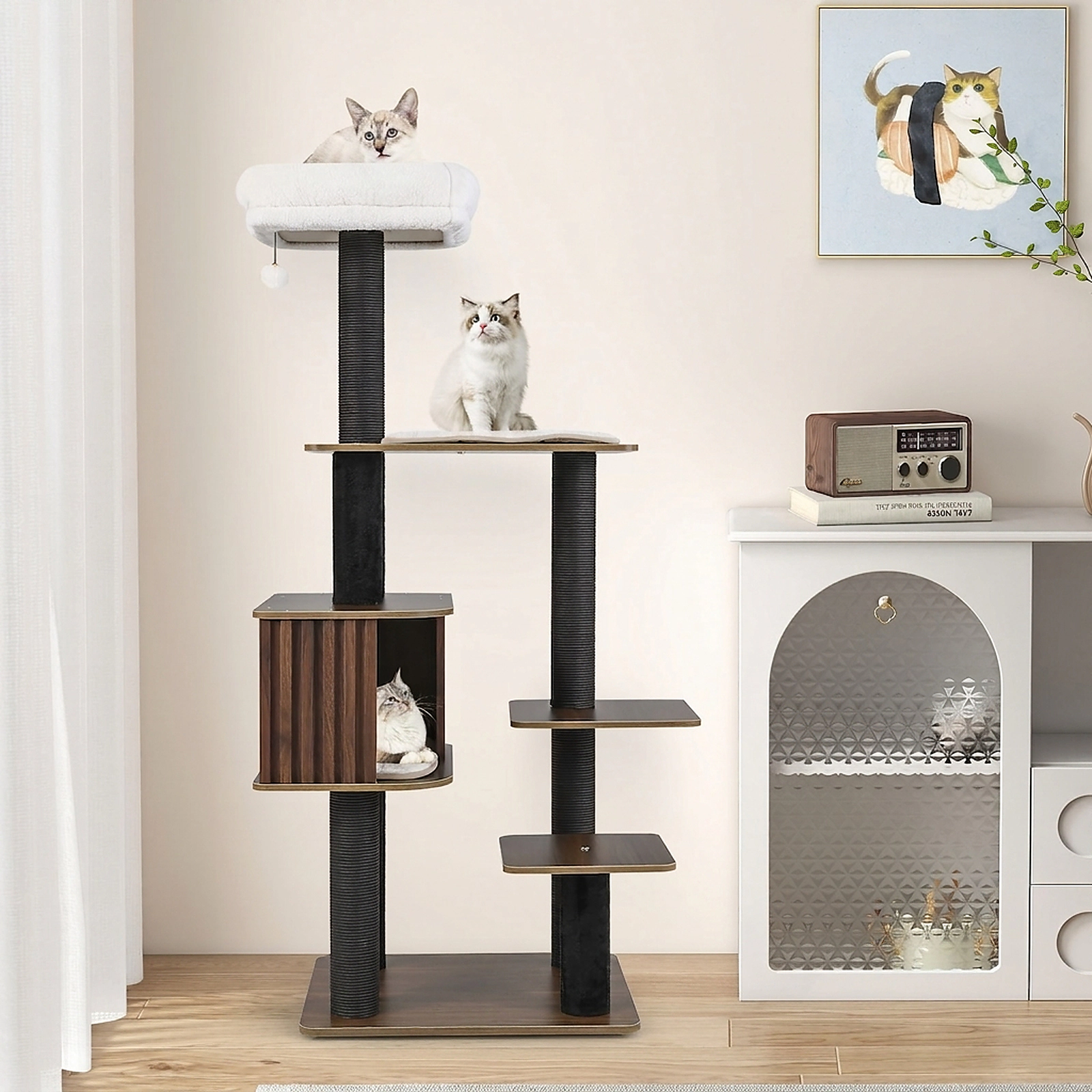 SUGIFT 59.5-in Brown Multi-Level Cat Tree Tower with Fence-Style Condo and Top Perch 23-in Base W
