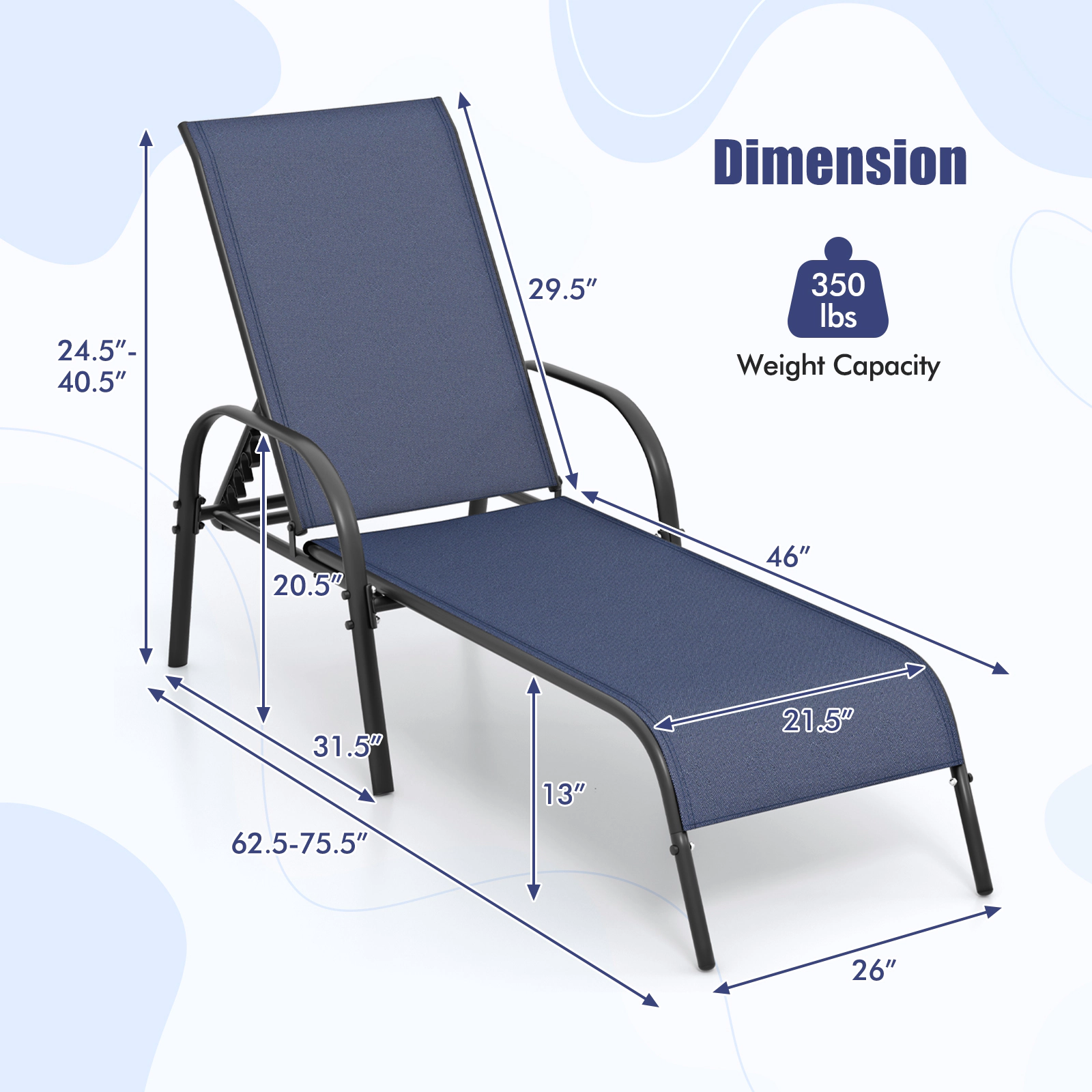 SUGIFT 350-lb Capacity Navy 5-Position Adjustable Folding Chaise Lounge Chair with Powder Coated Steel Frame
