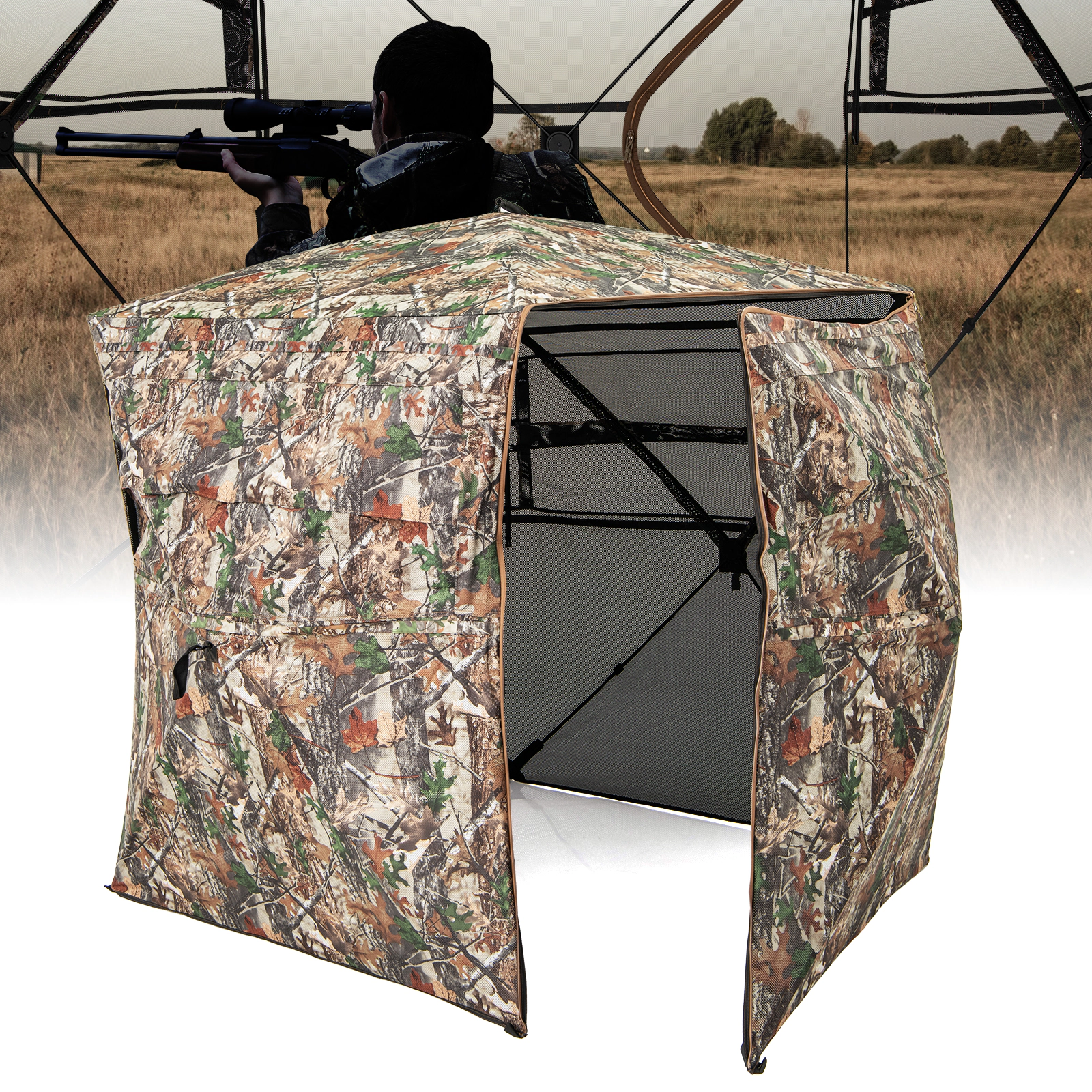 SUGIFT Camouflage 58-in Convertible Ground Blind with Full-Open Side Panel and 3 Silent Sliding Windows