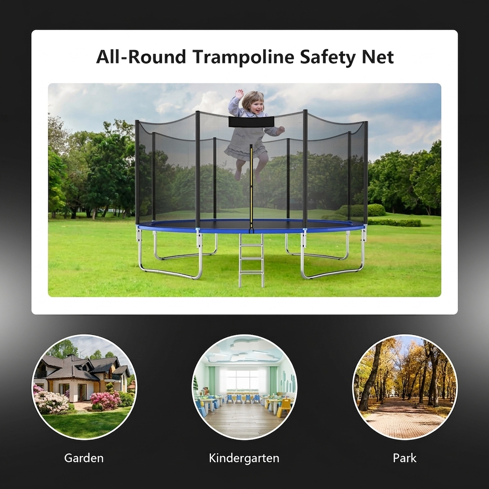 Trampoline Safety Net Replacement 8-ft Round Trampolines 6 Straight Poles 6-ft Tall PE Enclosure Net Double Door Black
