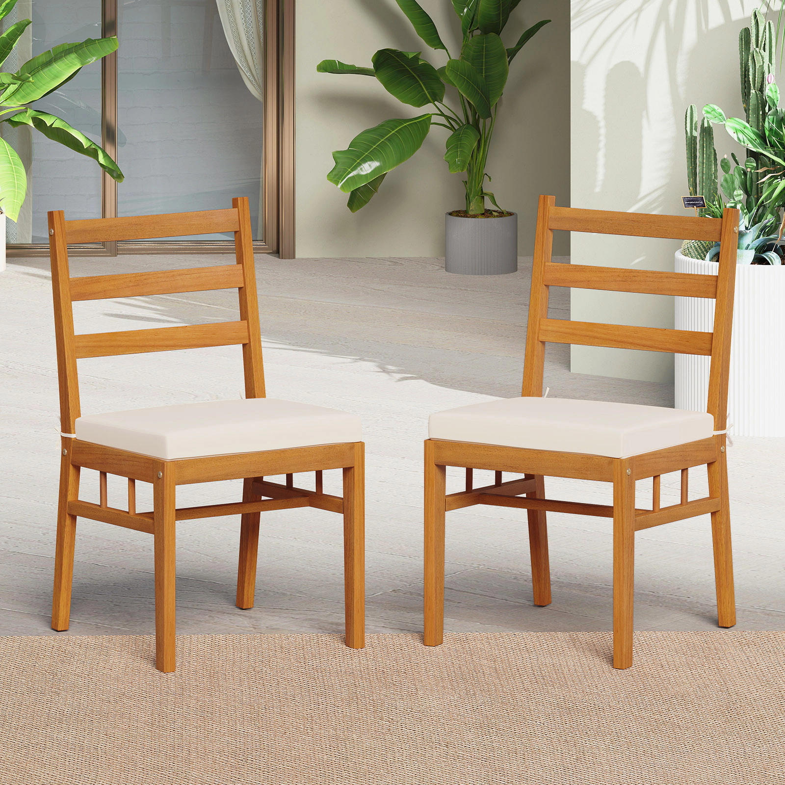 LJG Solid Acacia Wood Patio Chair Set of 2 Armless Chair