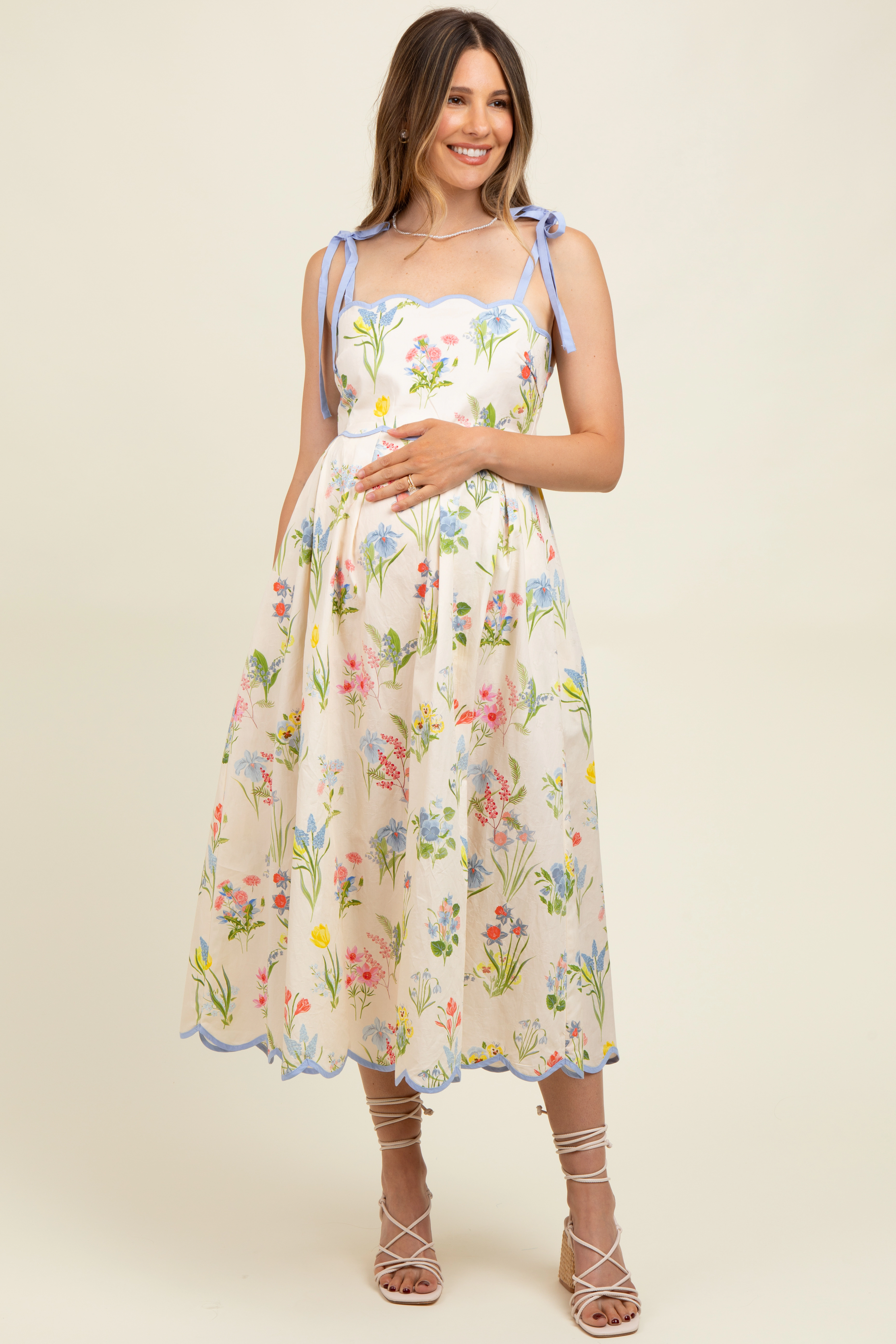 PinkBlush Womens Cream Floral Shoulder Tie Scallop Trim Maternity Midi Dress