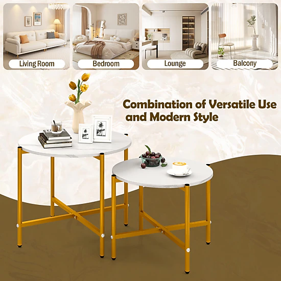 Glintex 2-Piece Round Nesting Coffee Table Set with X-Shaped Metal Frames