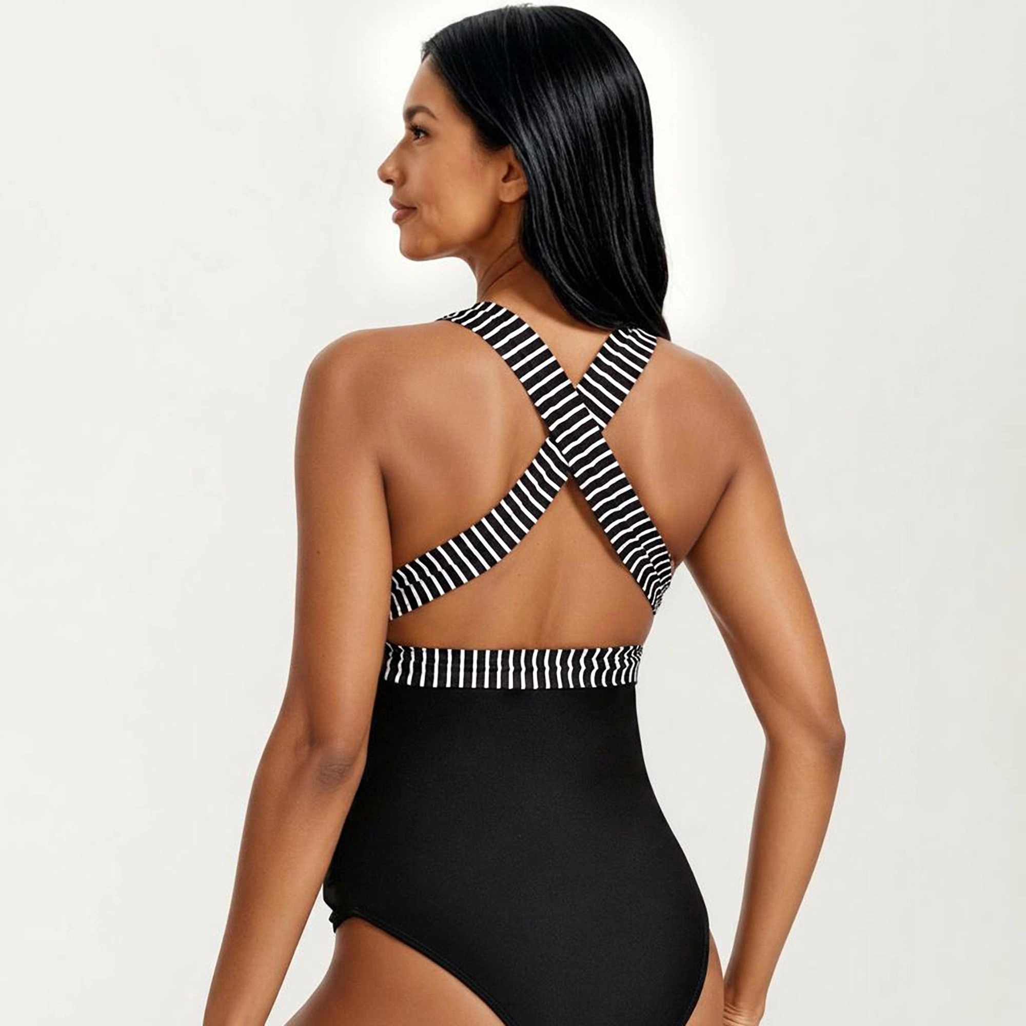 Anna-Kaci Women Maternity Striped One-Piece Swimsuit - Tie Waist, Deep V-Neckline