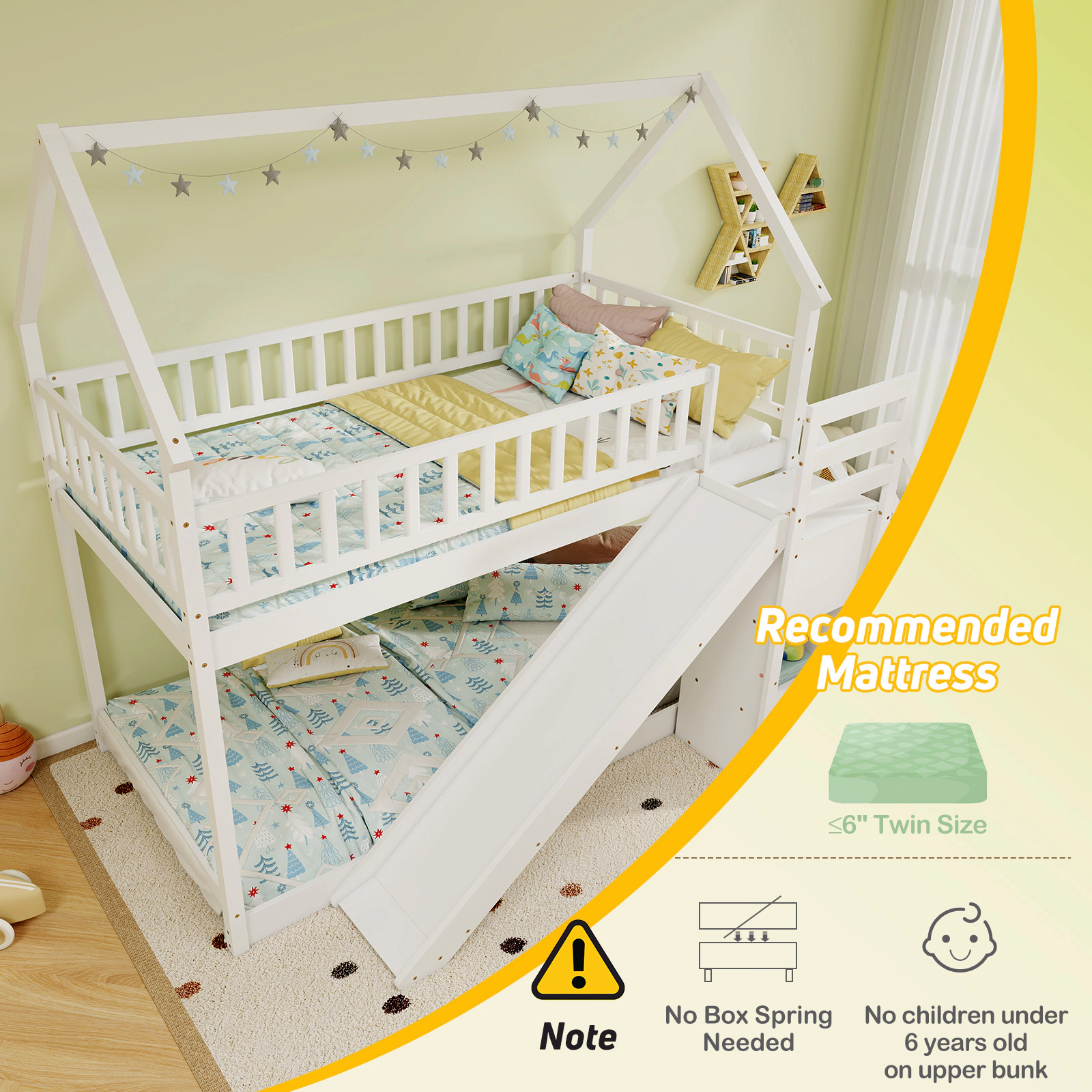 SUGIFT White 63 in Slide Staircase and Storage Shelves Twin Over Twin Kids Bunk Bed