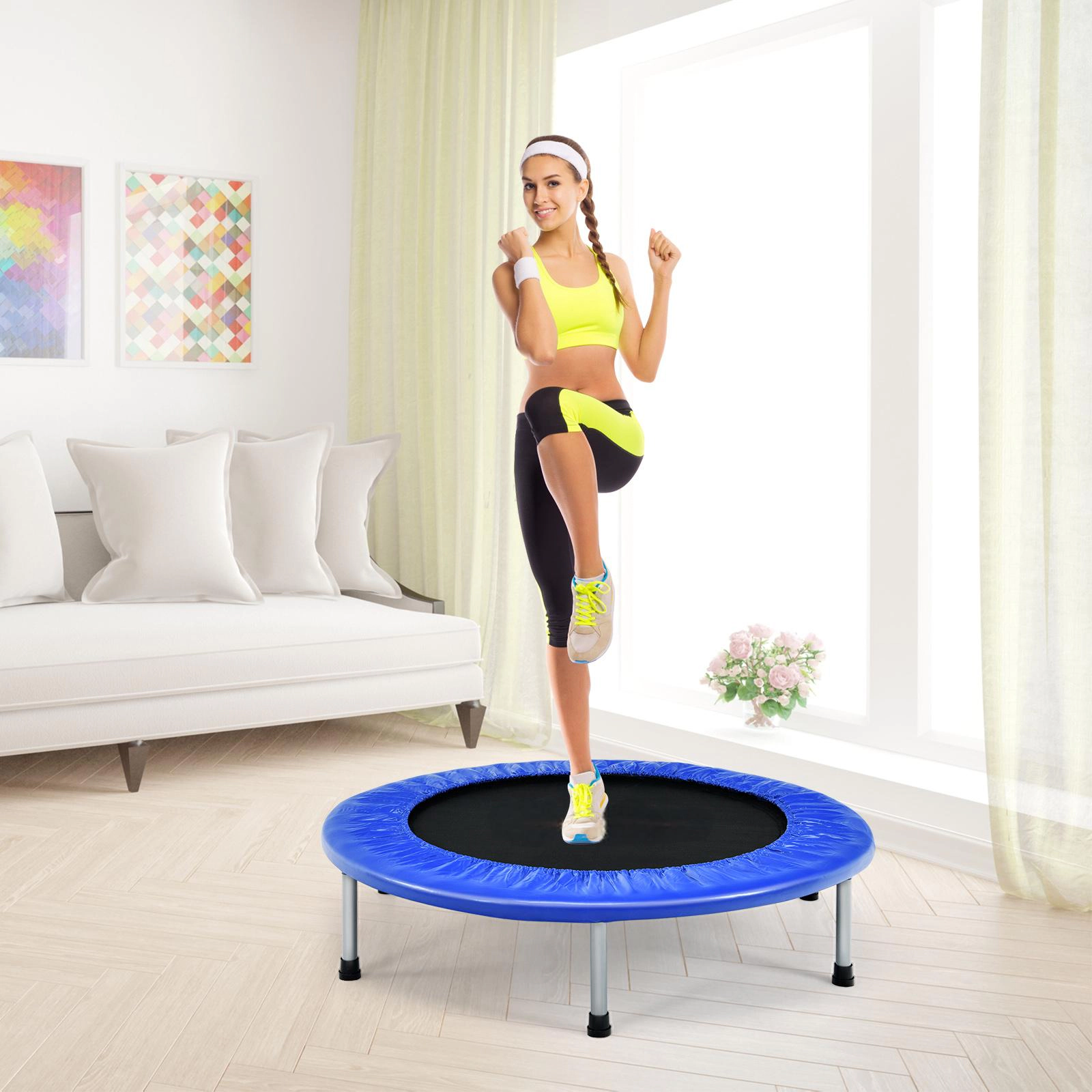 SUGIFT Mini Folding Trampoline Portable Recreational Fitness Rebounder 330-lb Capacity Blue