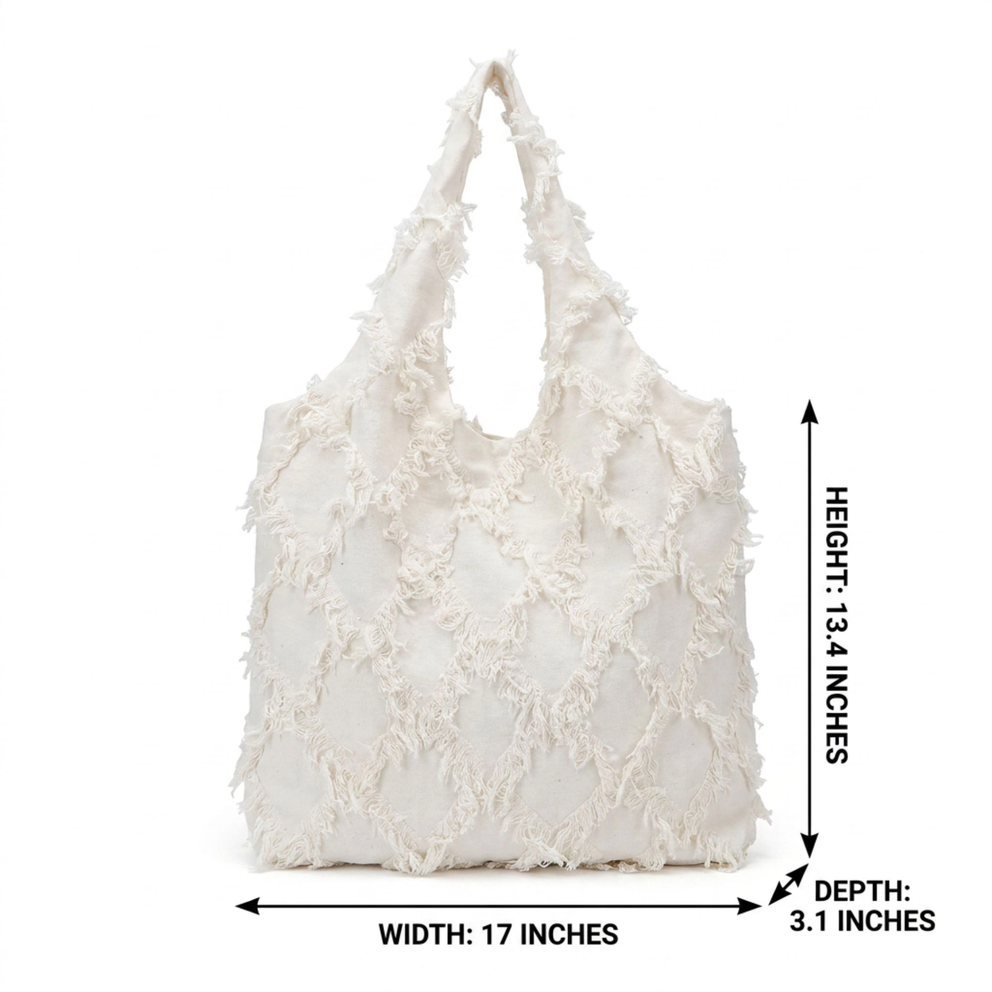 Alilang Women's Fringe Hobo Tote Bag with Textured Design and Shoulder Handle, White