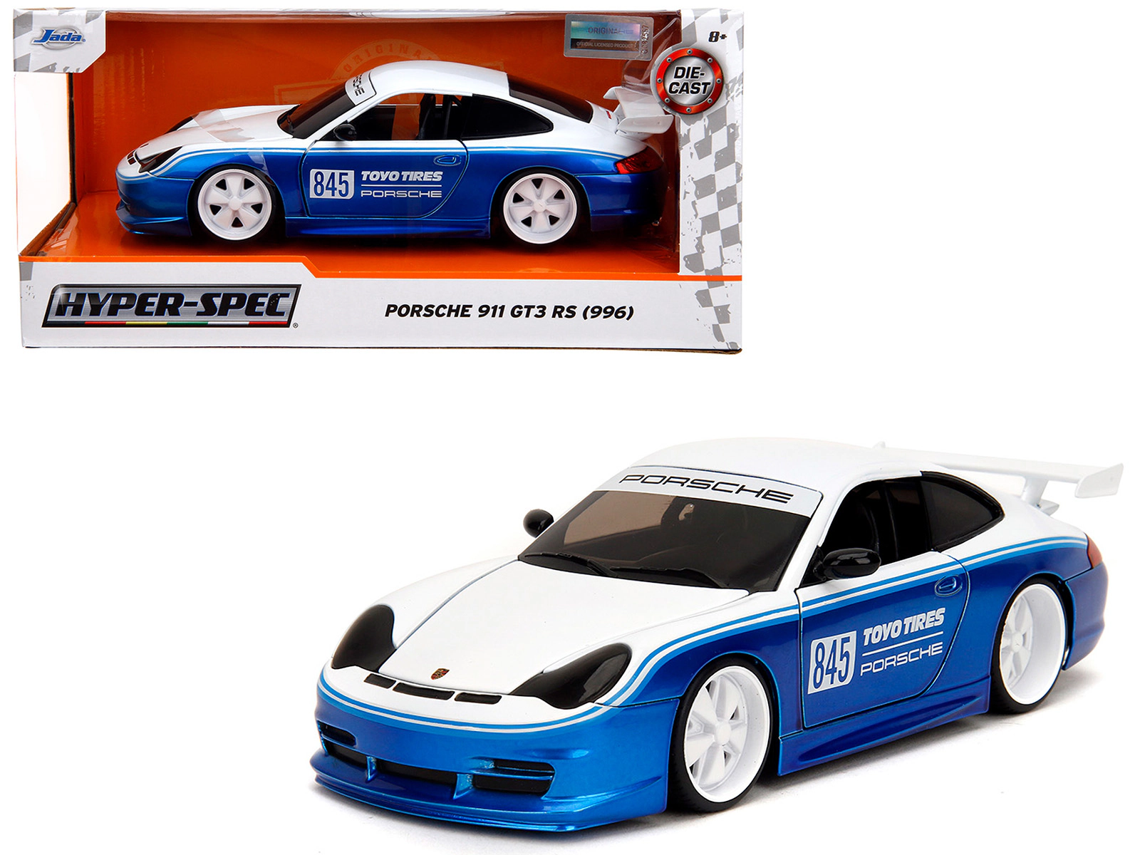 Jada Porsche 911 GT3 RS (996) #845 White and Blue Metallic "Toyo Tires" "Hyper-Spec" Series 1/24 Diecast Model