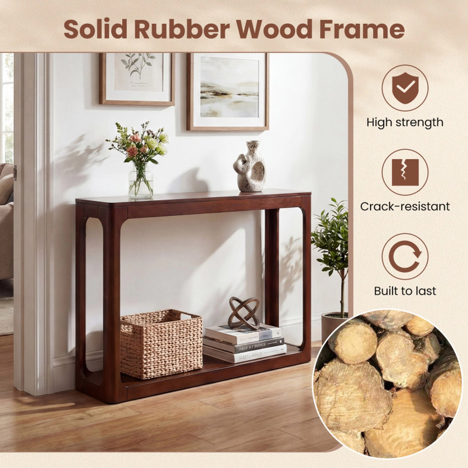 SUGIFT 2-Tier Mid Century Rubber Wood Console Table with Storage Shelf 165-lb Capacity 32.5-in Tall Antique Brown