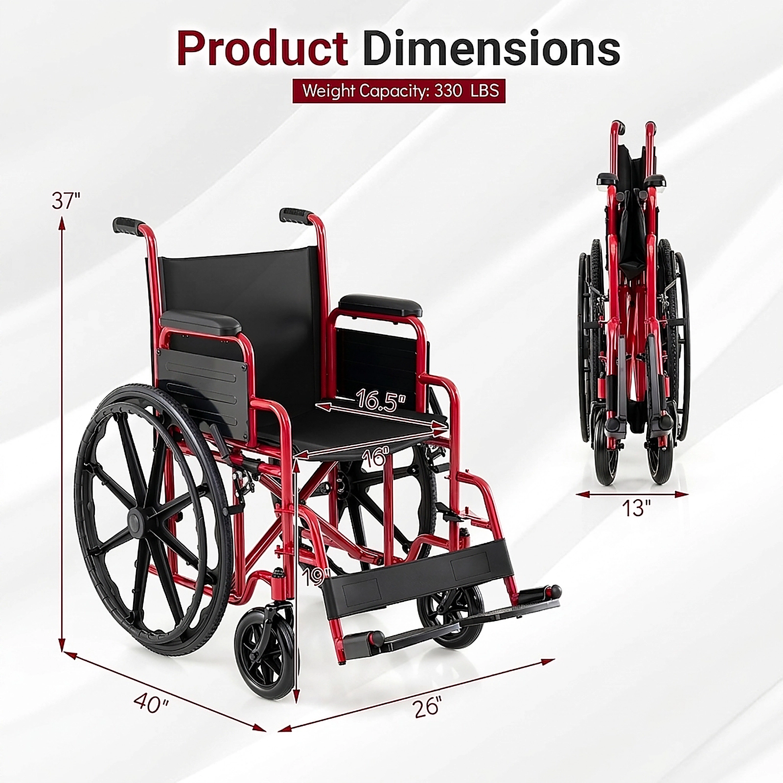 SUGIFT Red Folding Wheelchair, 330-Lb Capacity, Swing-Away Footrests, Desk-Length Arms