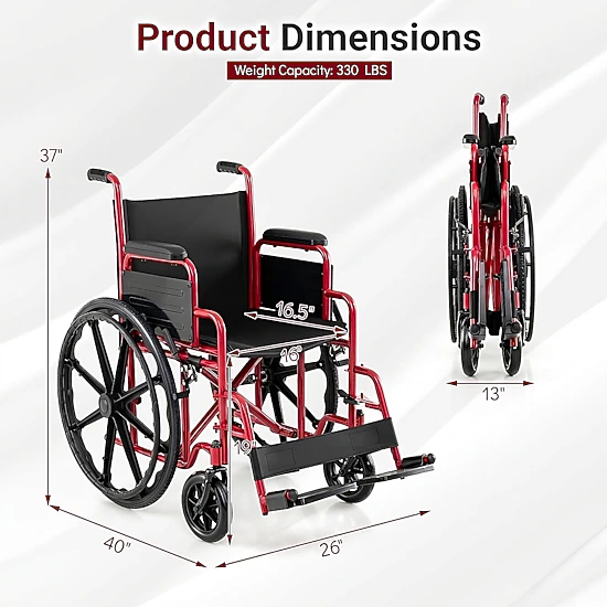 SUGIFT Red Folding Wheelchair, 330-Lb Capacity, Swing-Away Footrests, Desk-Length Arms