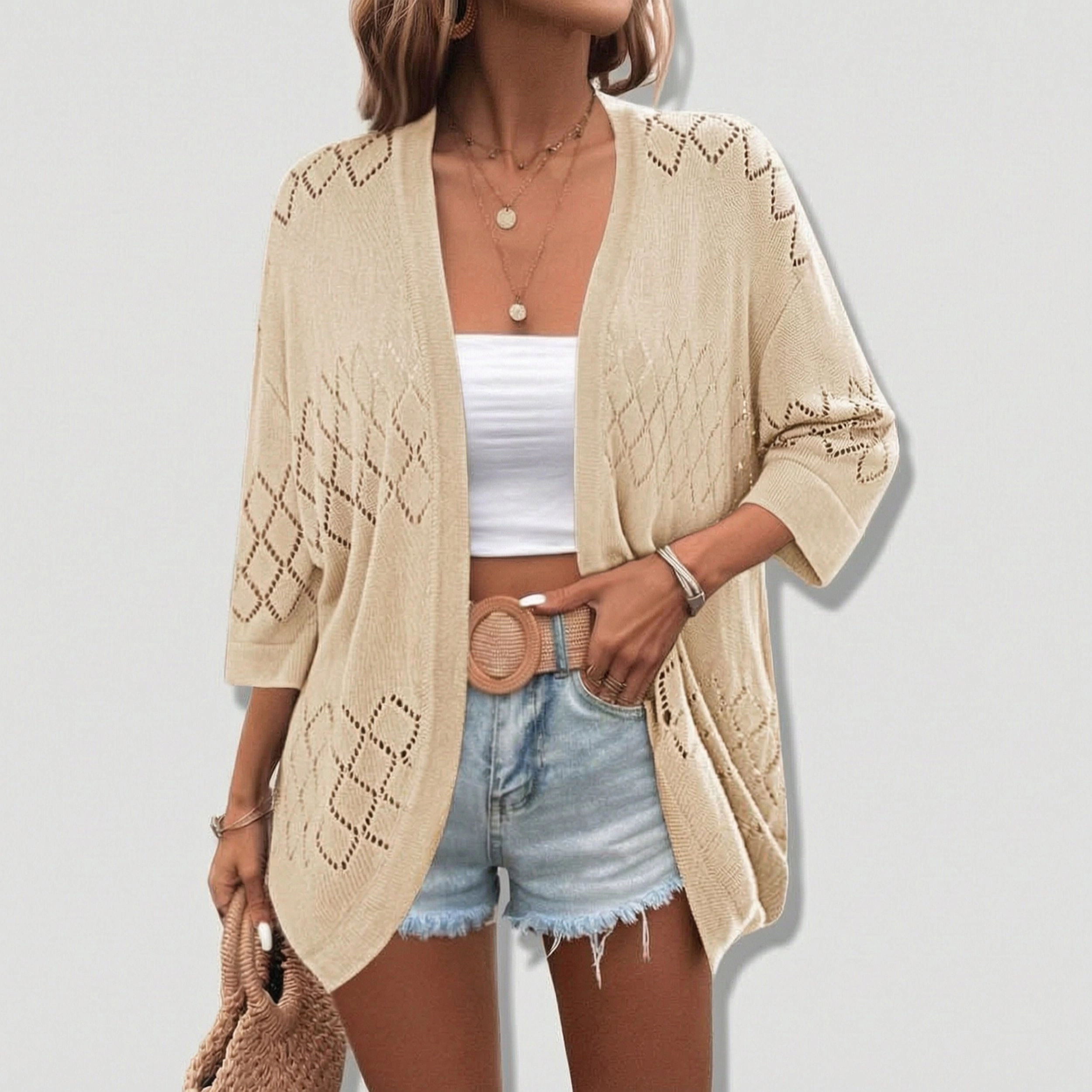 Zeagoo Women's Open Front 3/4 Sleeve Crochet Knit Cardigan