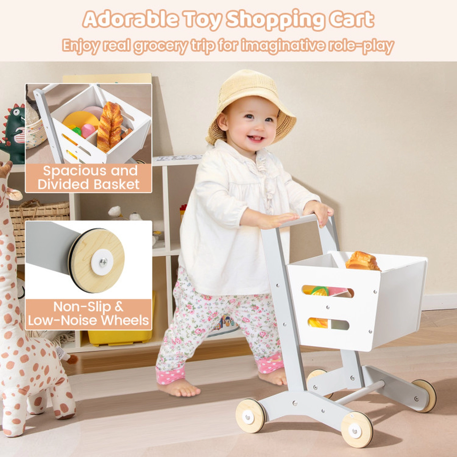 SUGIFT White Shopping Cart Kids Convertible Wooden Grocery Store Playset