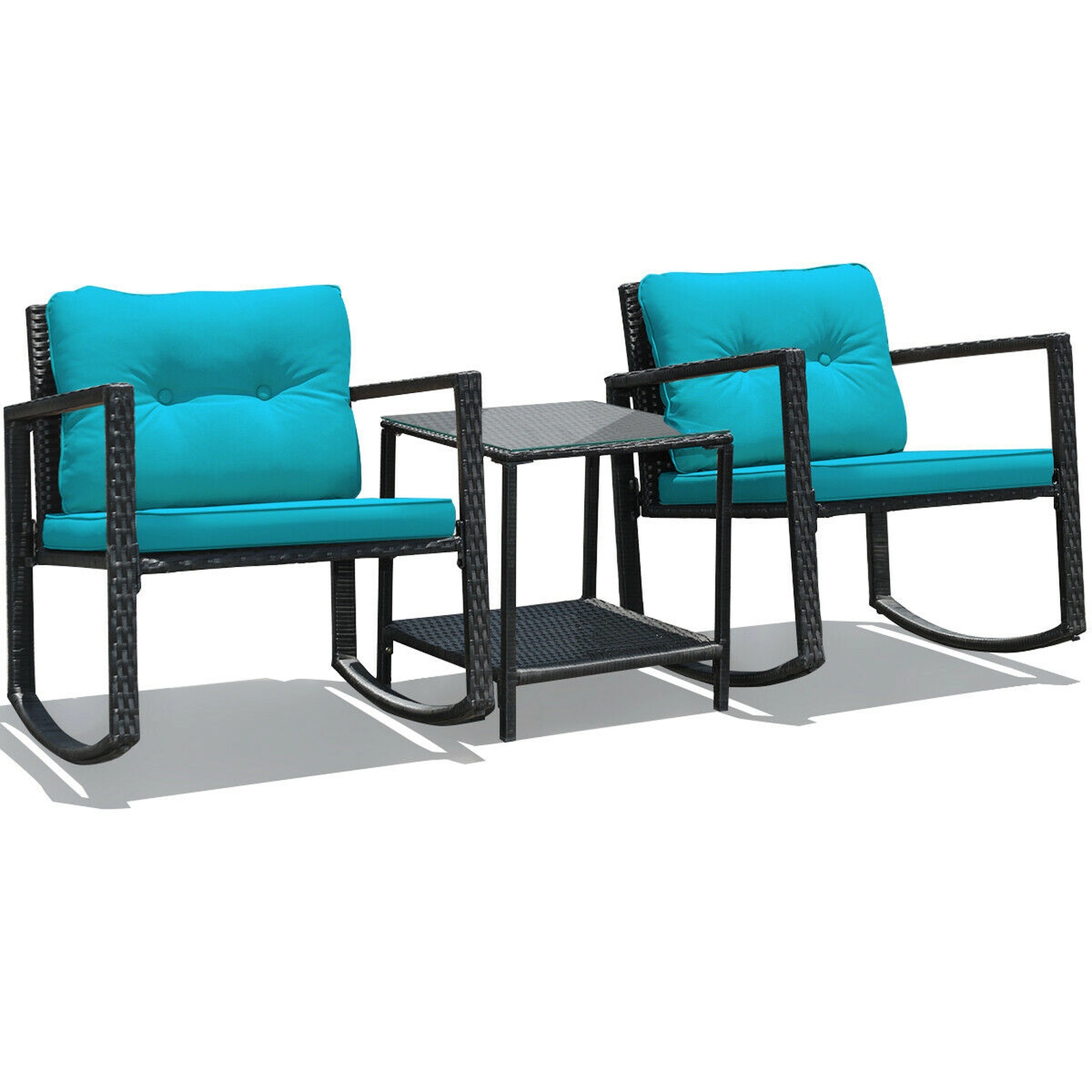 SUGIFT 3-Piece Blue Wicker Rocking Bistro Set with Cushions and Glass Table