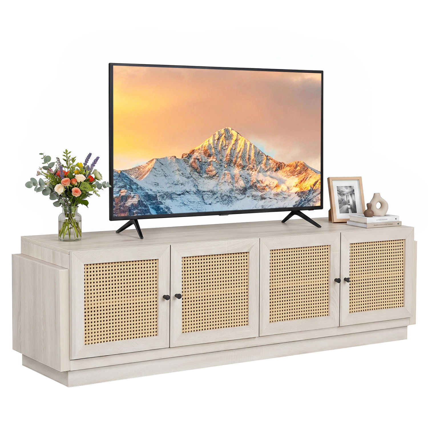 Glintex 70-Inch Farmhouse TV Stand with 4 Rattan Doors and 8 Cable Holes
