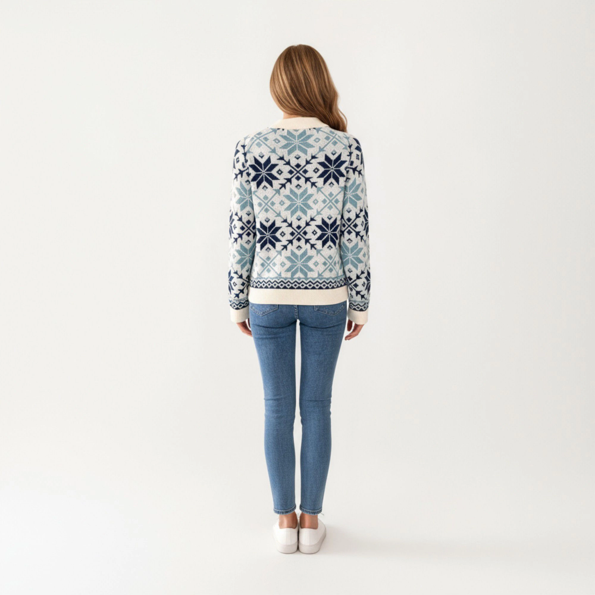 Anna-Kaci Women's Nordic Snowflake Crew Neck Ribbed Trim Knit Sweater