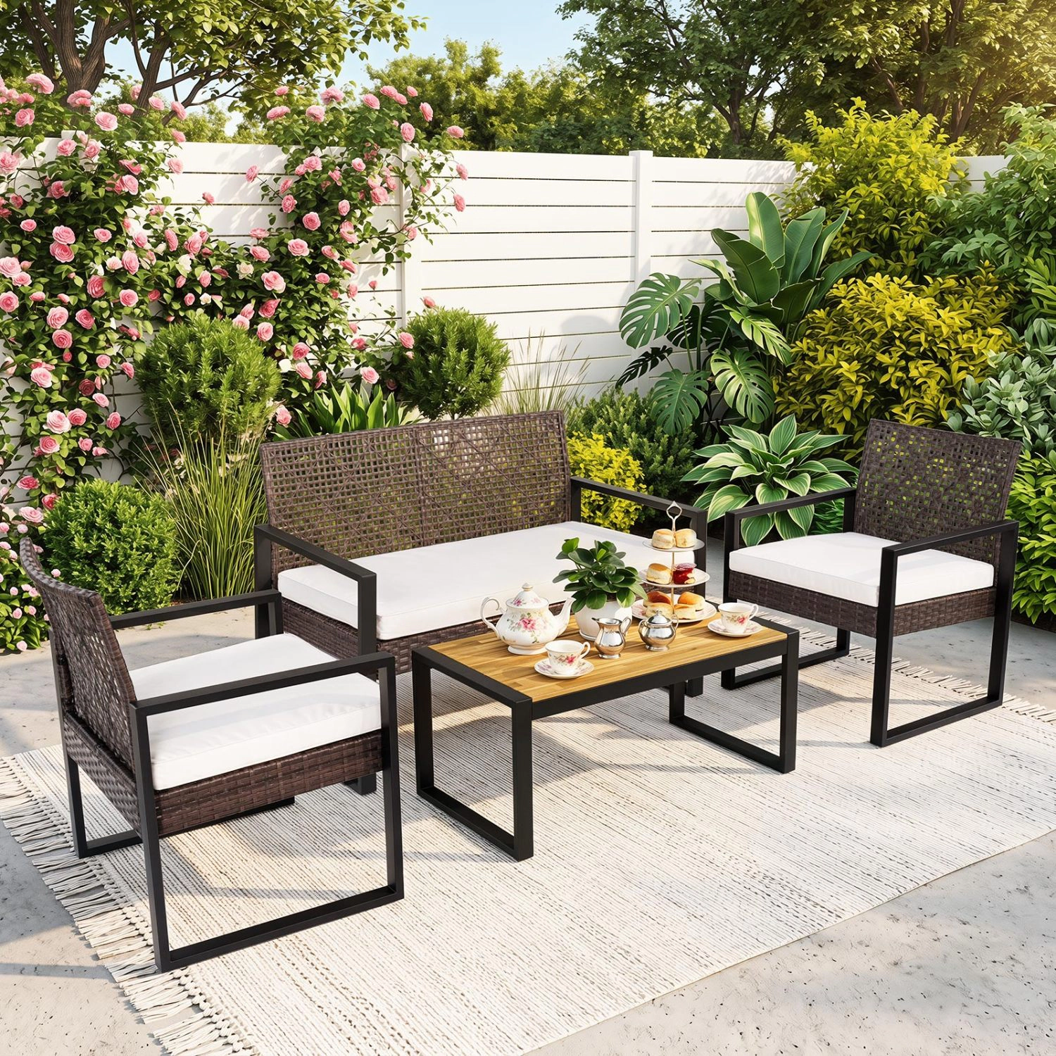 LJG 4-Piece Patio Set with Acacia Coffee Table and Wicker Chairs for Backyard