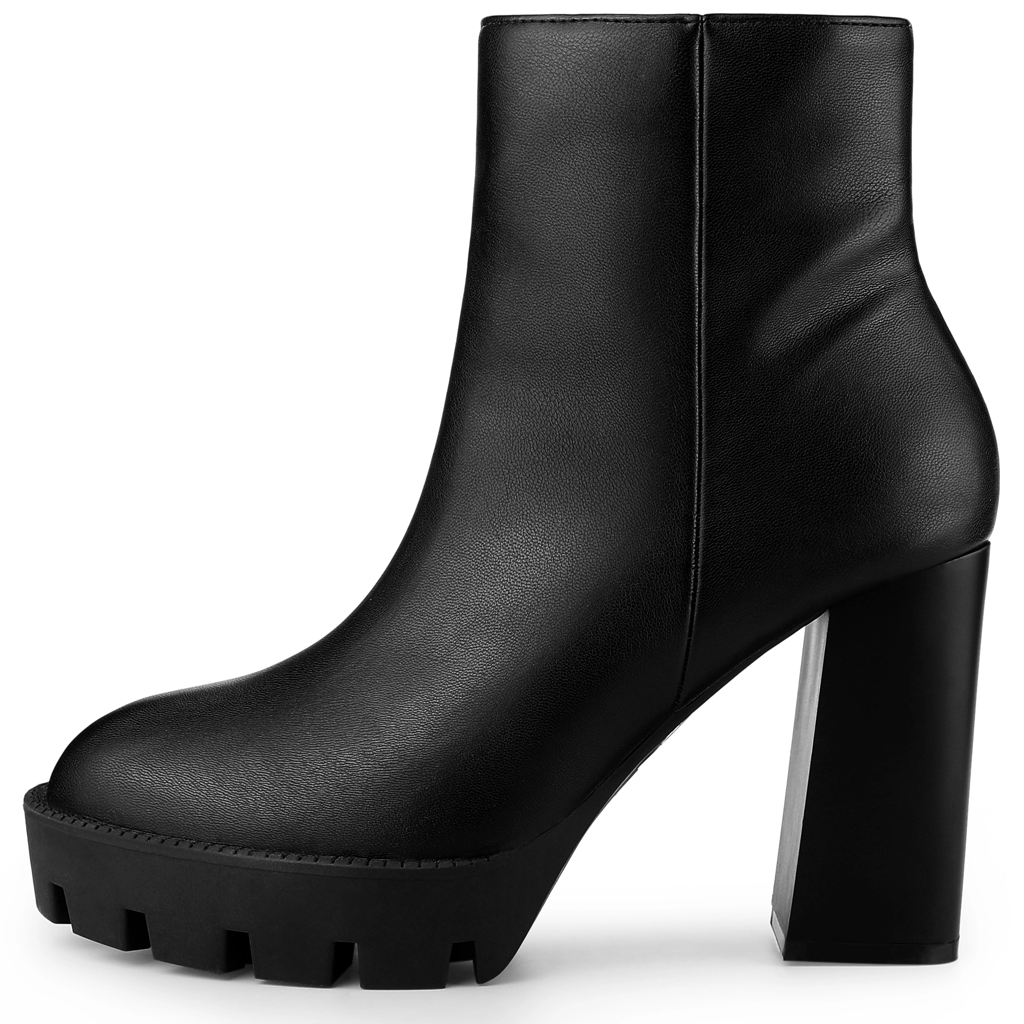 BLISSFUL STEP Women Platform Lug Sole Round Toe Side Zip Block Heeled Boots