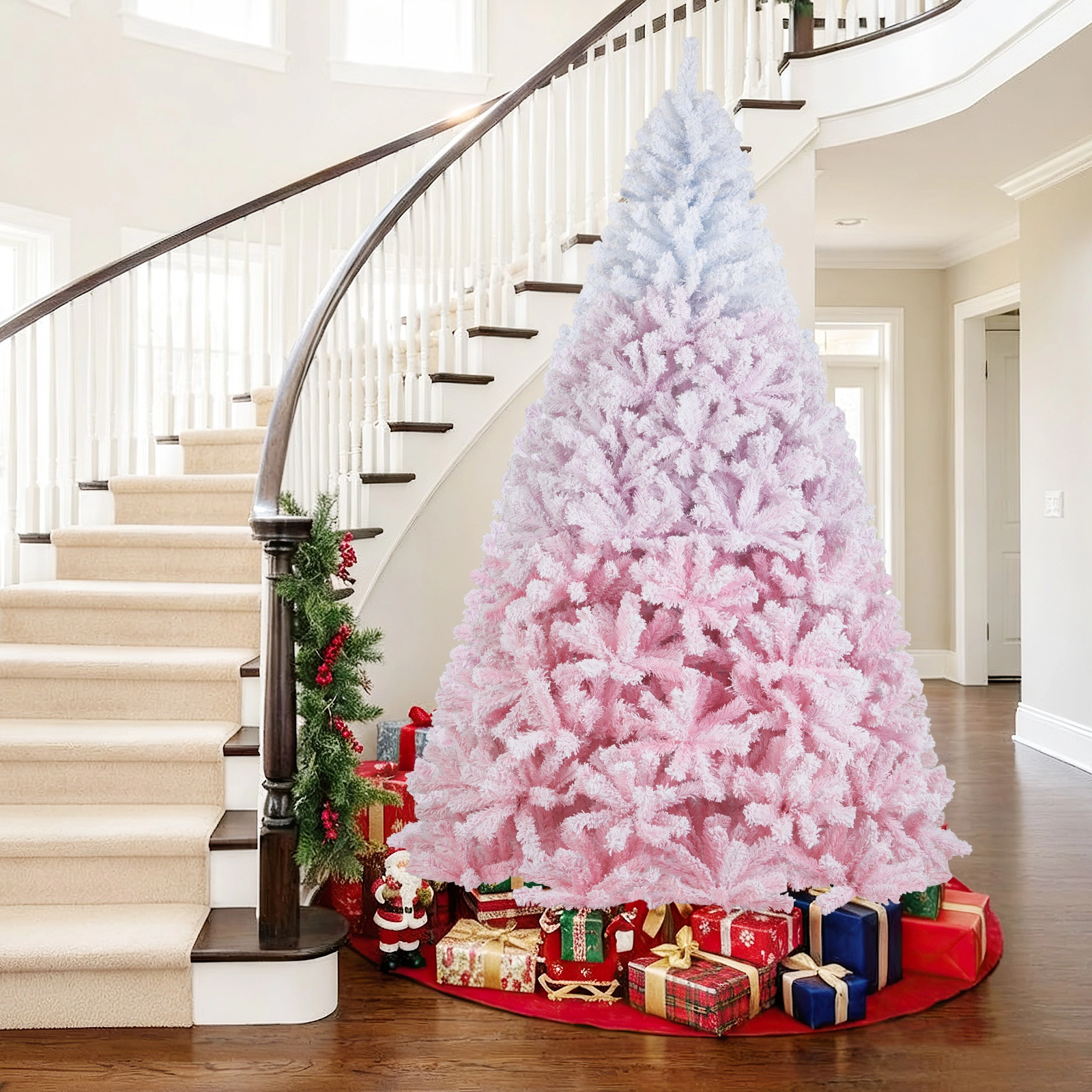 SUGIFT 8 ft White and Pink Flocked Christmas Tree with 1774 Branch Tips and Folding Metal Stand