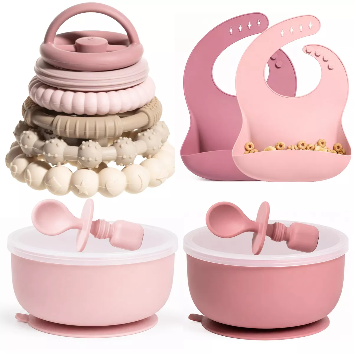 Sperric Silicone Baby Feeding Set - Suction Bowls w/ Lids & Spoons, Waterproof Baby Bibs, Stacking Teether Toys BPA‑Free