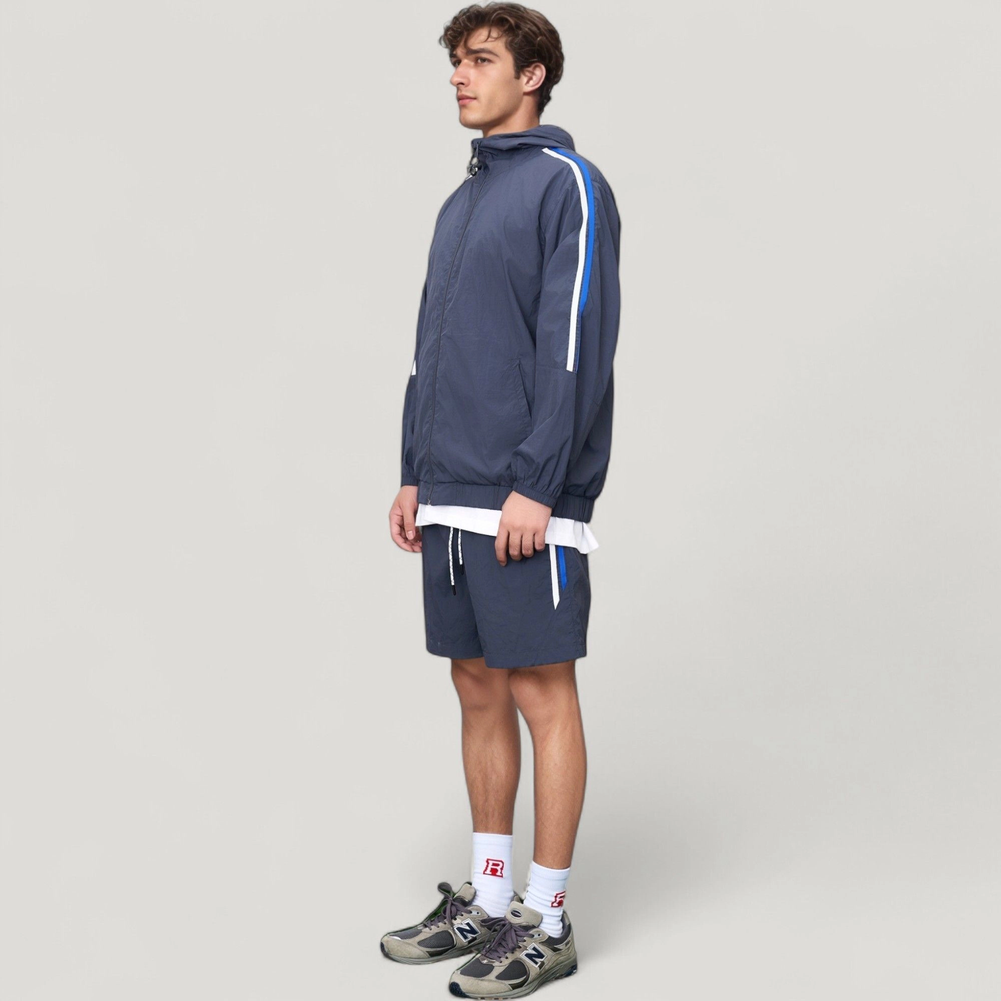 Anna-Kaci Men's Full Zip Hooded Jacket with Elastic Hem and Contrast Sleeve Stripes