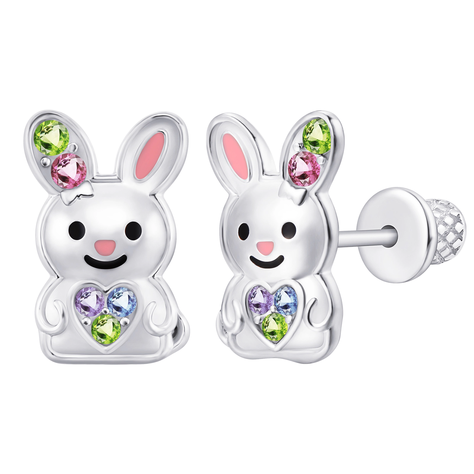 CHANTEUR Kids Bunny Heart Screwback Stud Earrings - Hypoallergenic Surgical Titanium, Rhodium Silver Plating