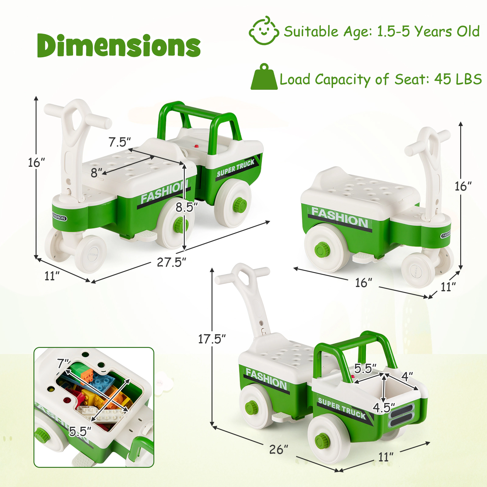 Costway 4 1 Ride on Push Car,Sliding Walking Car with Trailer, Music, Under-Seat Storage Green