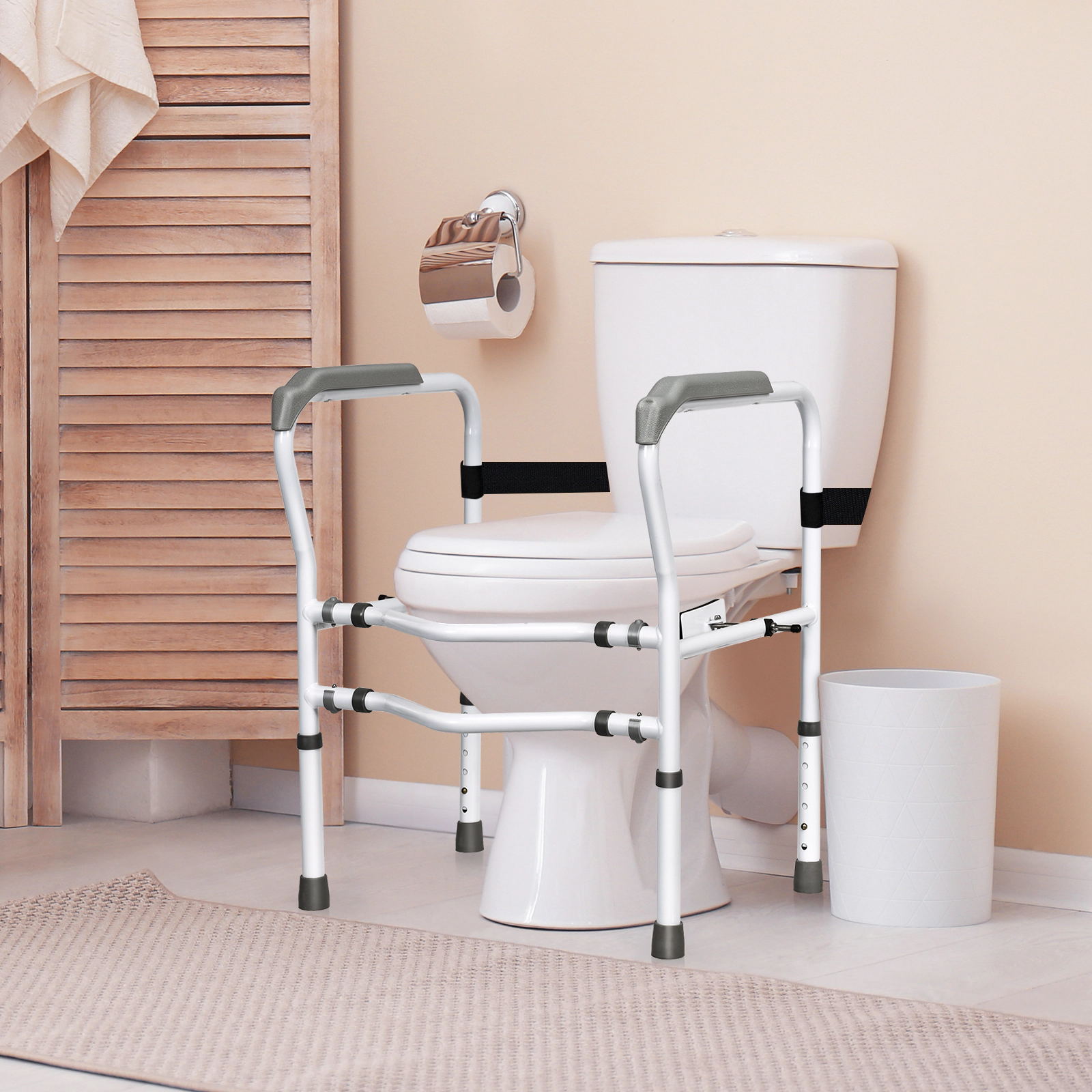 SUGIFT Adjustable Steel Toilet Safety Rail with Fixable Clip 300-lb Capacity White Gray
