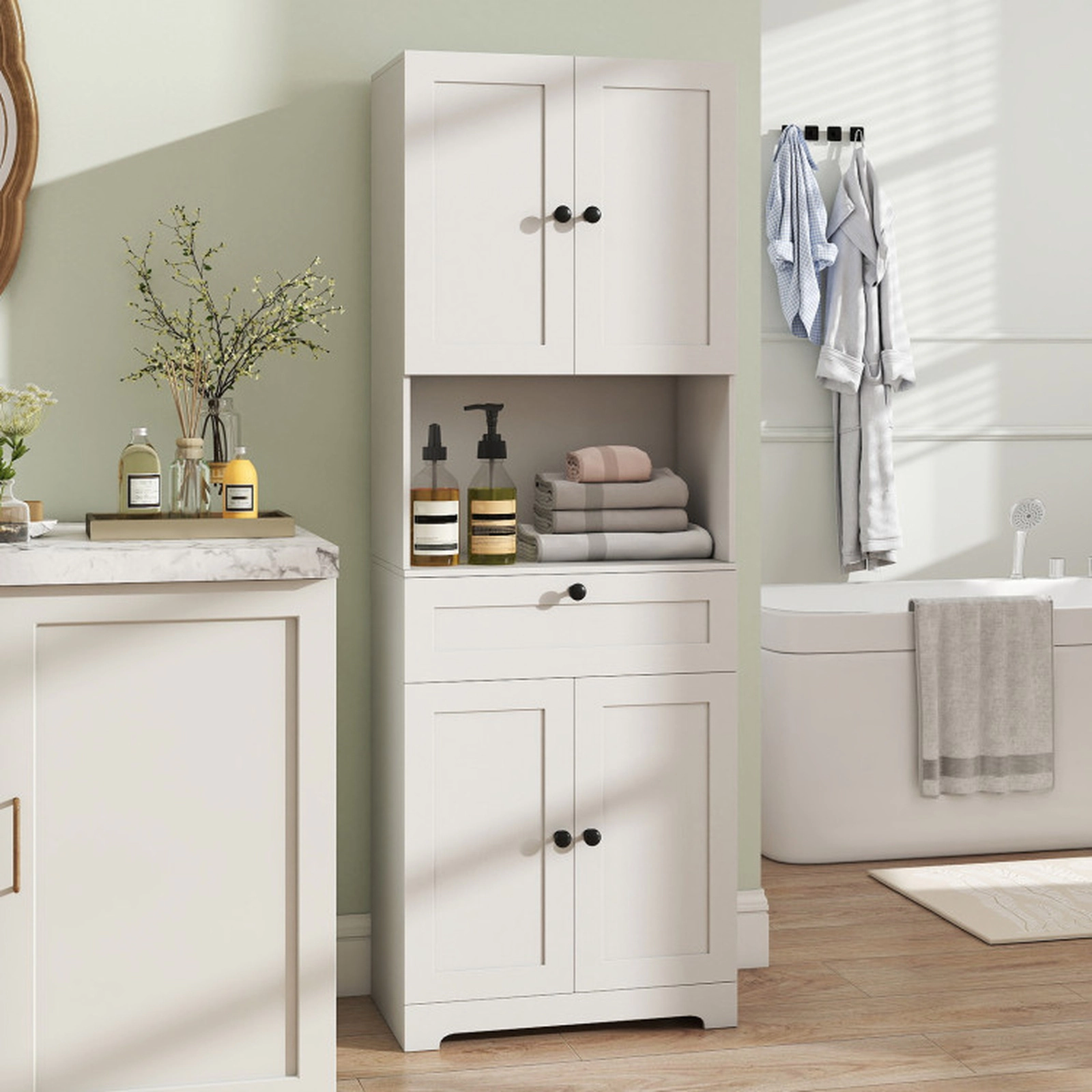 SUGIFT 4 Doors 1 Drawer Adjustable Shelf Freestanding Storage Cabinet 23.5-in x 14-in x 67.5-in 243-lb Capacity White