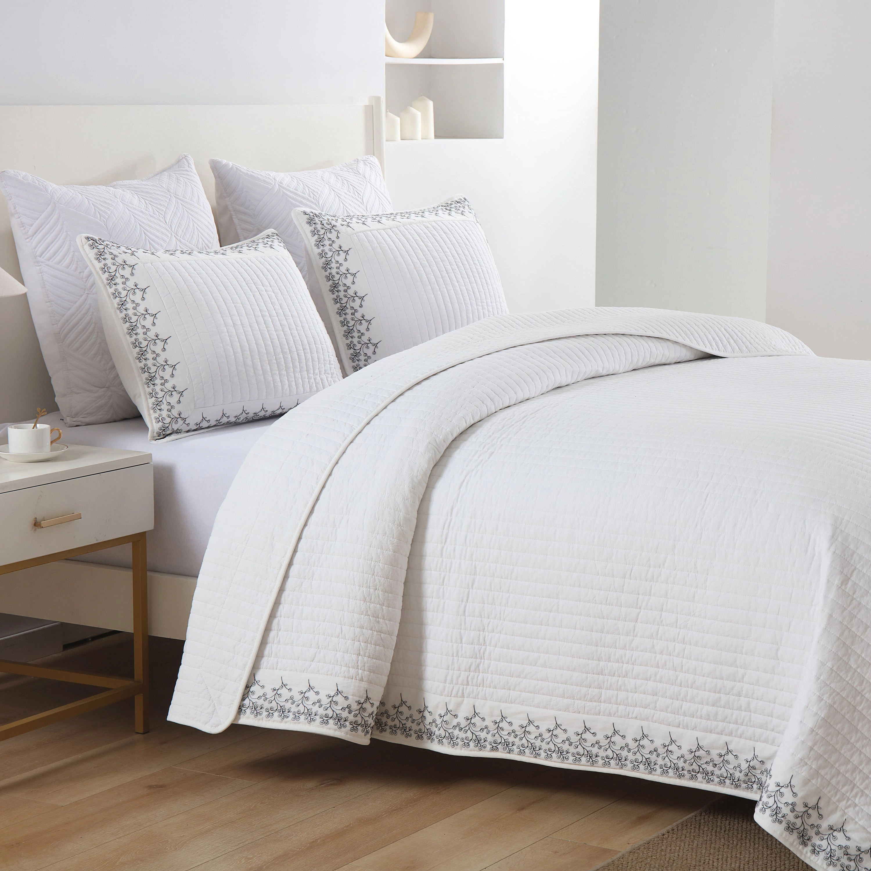MarCielo 3 Piece 100% Cotton White Striped Embroidered Quilt Bedspread Set