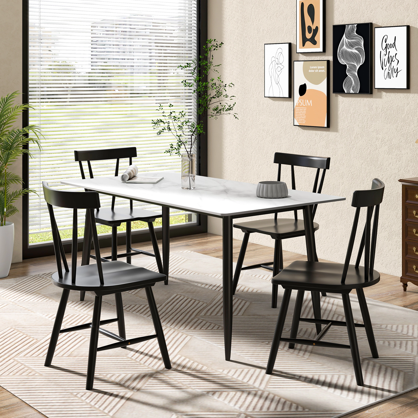 SUGIFT Set of 2 Black Windsor Dining Chairs, Solid Rubber Wood, Spindle Back, Armless, 17.5-Inch Seat