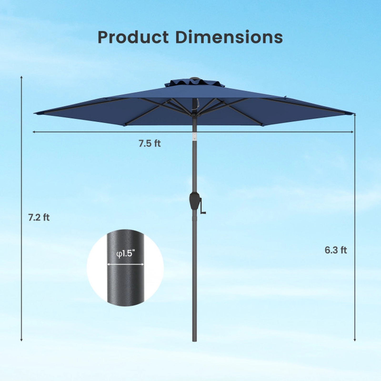 SUGIFT Navy Blue Push Button Tilt and Crank Handle 7.5 FT Outdoor Market Patio Umbrella