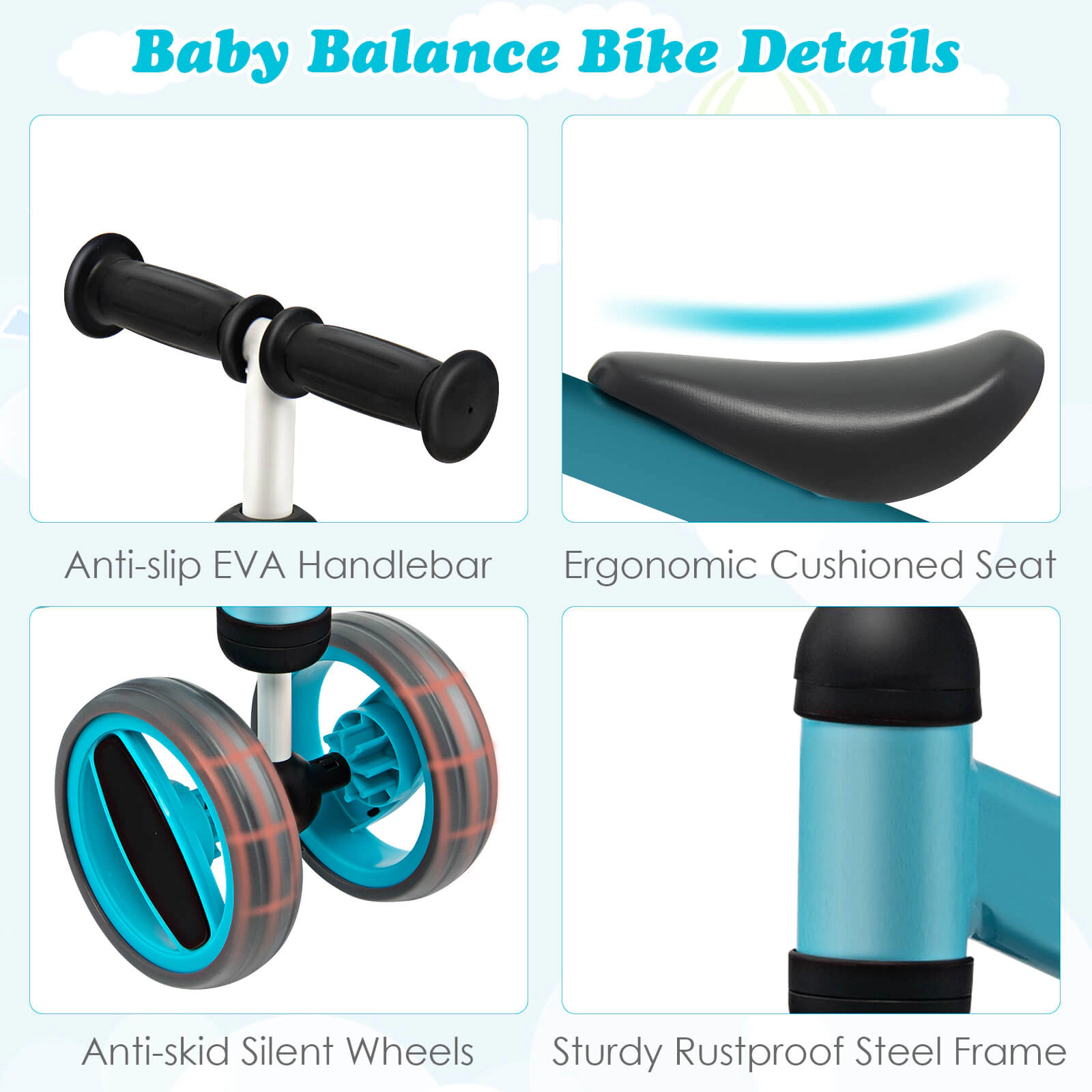 SUGIFT 4-Wheel Baby Balance Bike Toy with Steel Frame 44-lb Capacity Ages 1-2 Years 18.5-in Long 3.3-lb Net Weight Blue