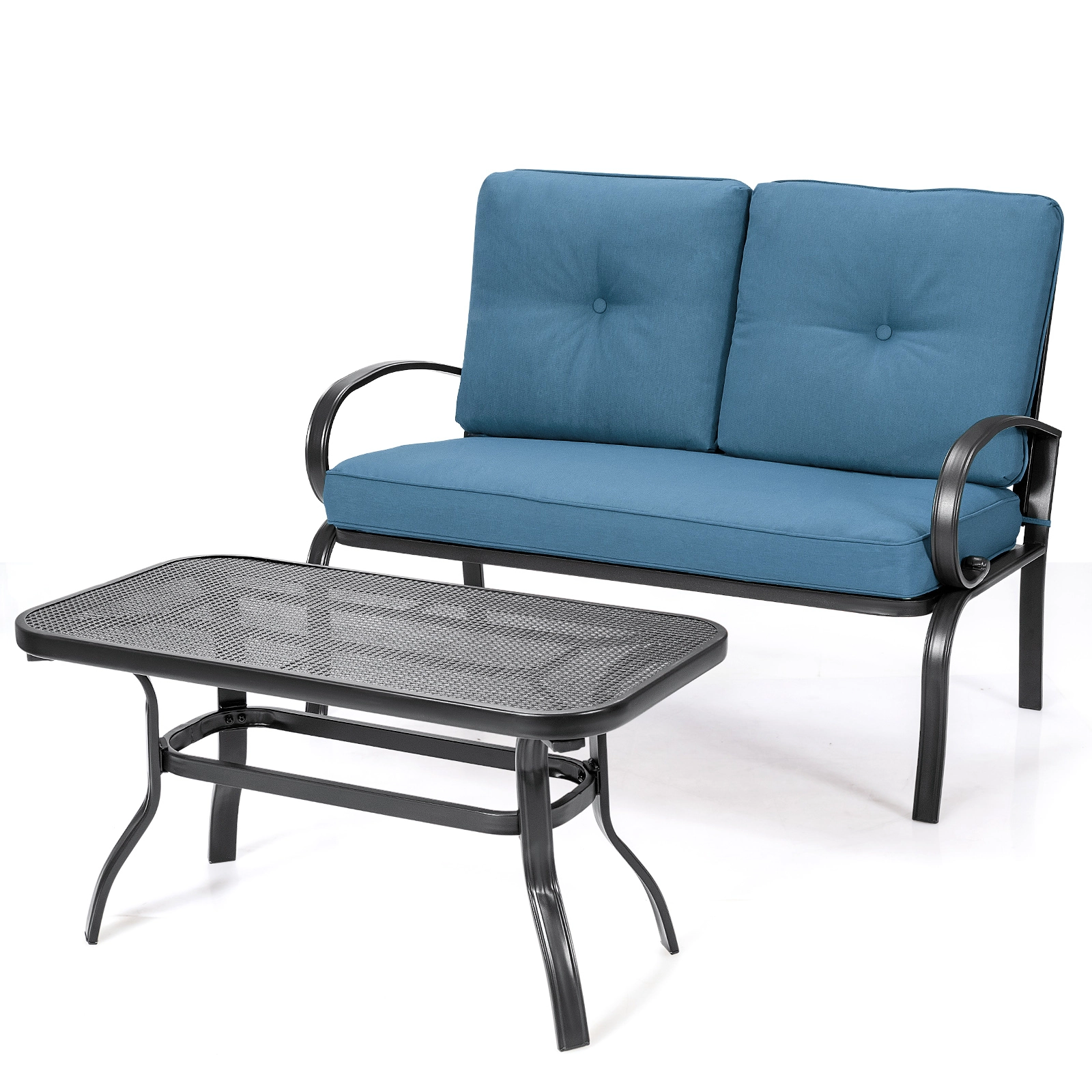 SUGIFT 2-Piece Blue Steel Patio Loveseat Set with 4-Inch Cushions and Coffee Table
