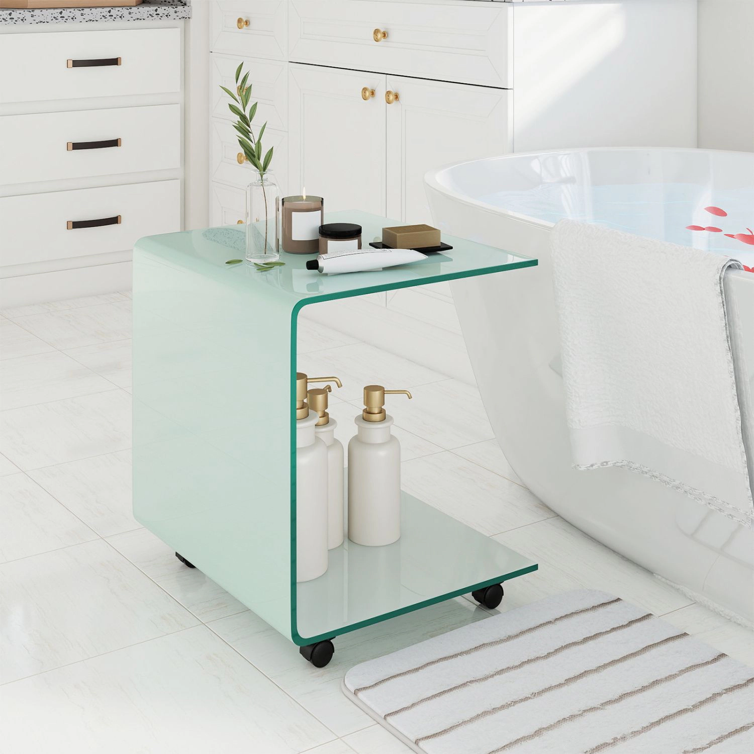 SlickBlue Mobile Side Table with Lockable Wheels, Glass Surface and Open Storage