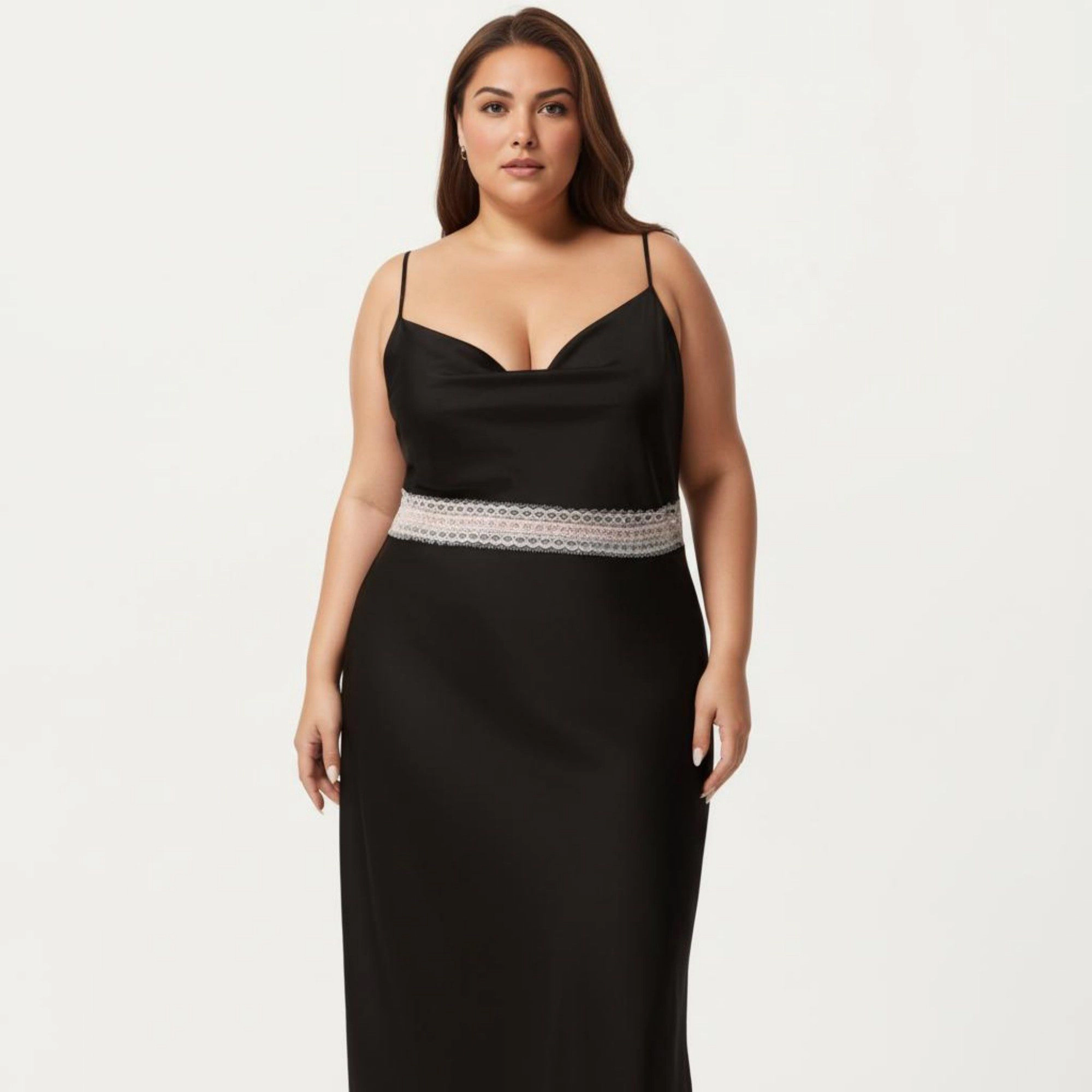 Anna-Kaci Women's Plus Satin Slip Dress with Lace Waist Detail Adjustable Spaghetti Straps Midi Sleepwear Nightgown