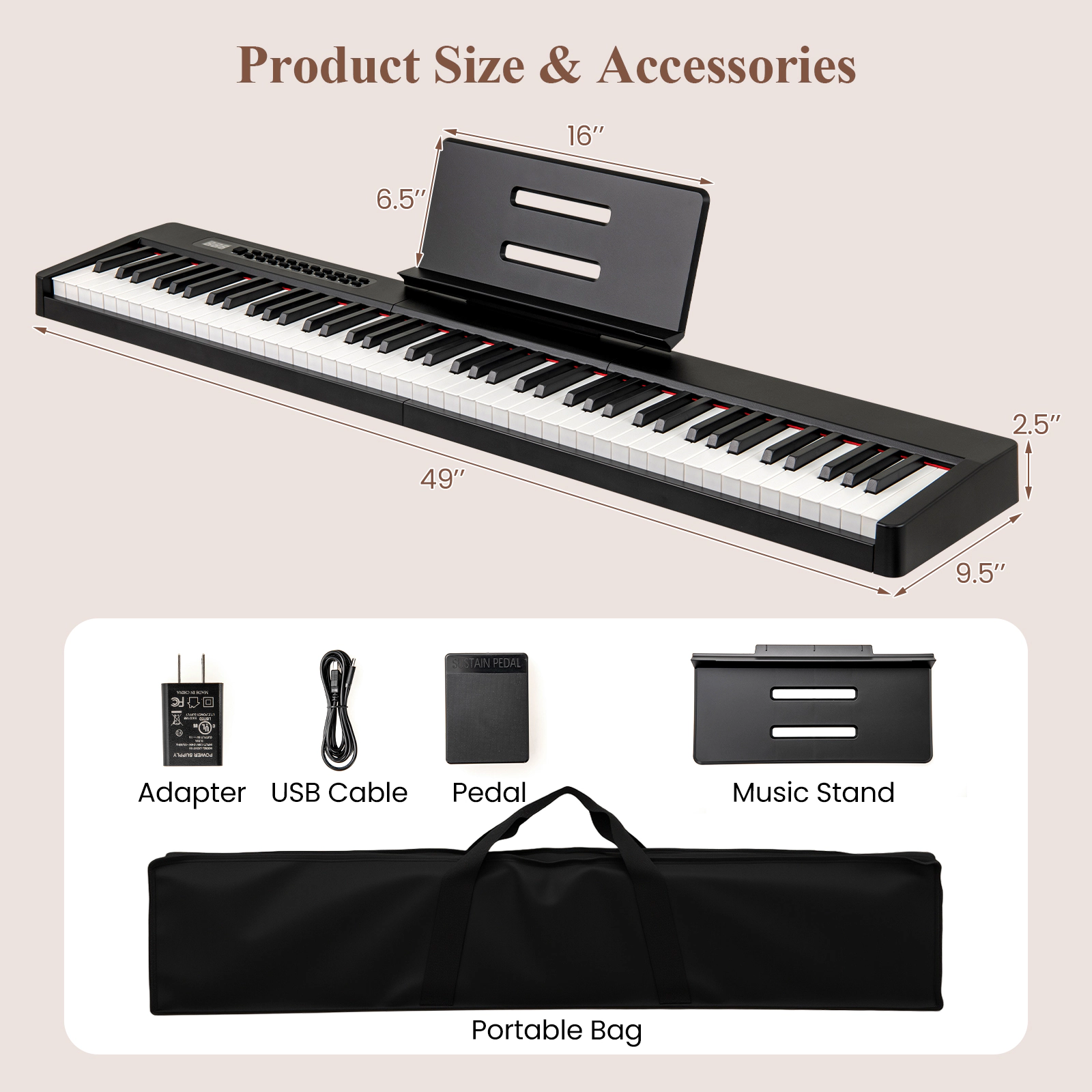 SUGIFT Black 88-Key Velocity-Sensitive Piano Keyboard with 2600mAh Rechargeable Battery and Dual Speakers