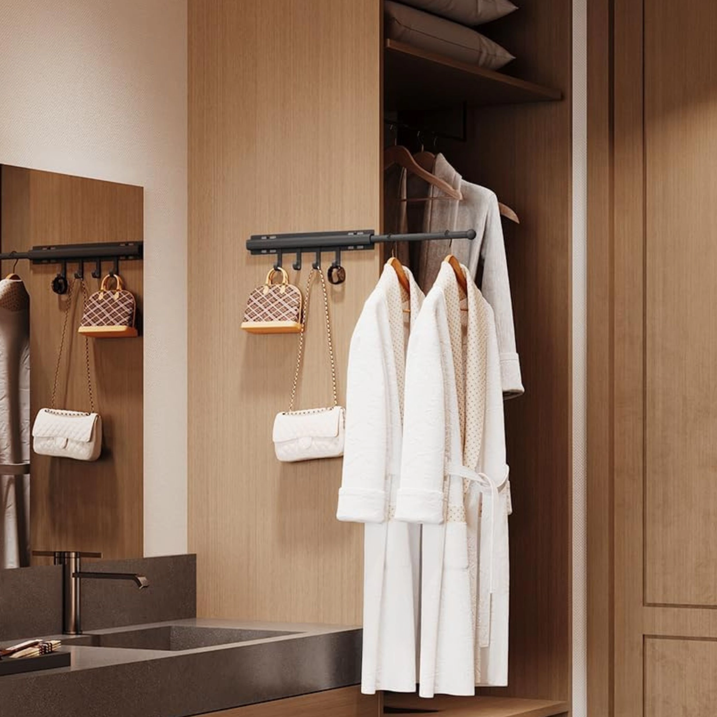Stock Preferred Pull Out Closet Valet Rod with 4 Hooks Space Saving Organizer 12 Inch