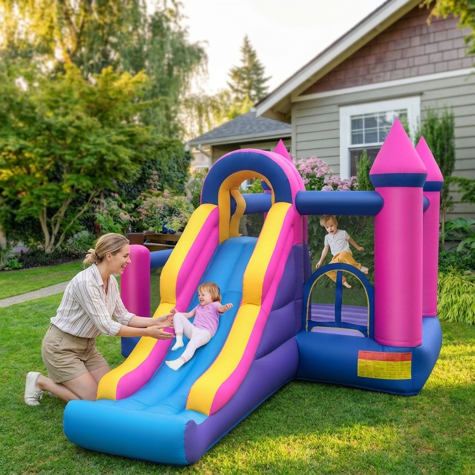 7-in-1 Kids Inflatable Bounce House with 90.5-in Long Slide Basketball Ring Toss Ball Pit and 735W Blower