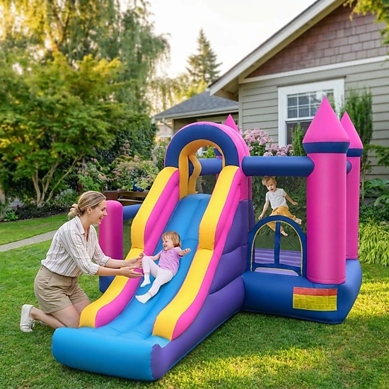 7-in-1 Kids Inflatable Bounce House with 90.5-in Long Slide Basketball Ring Toss Ball Pit and 735W Blower