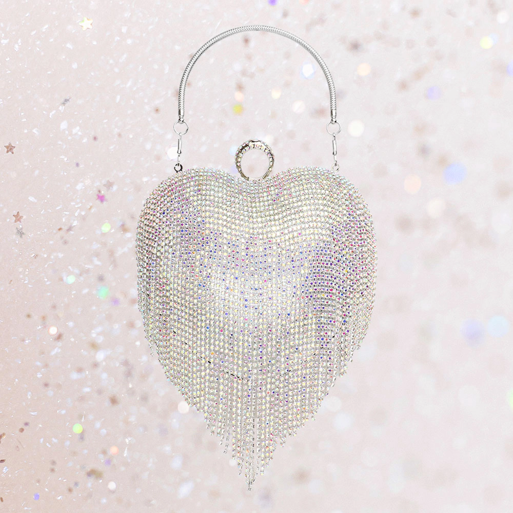 Fashnzfab Rhinestone Fringe Heart Evening Tote Clutch Crossbody Bag