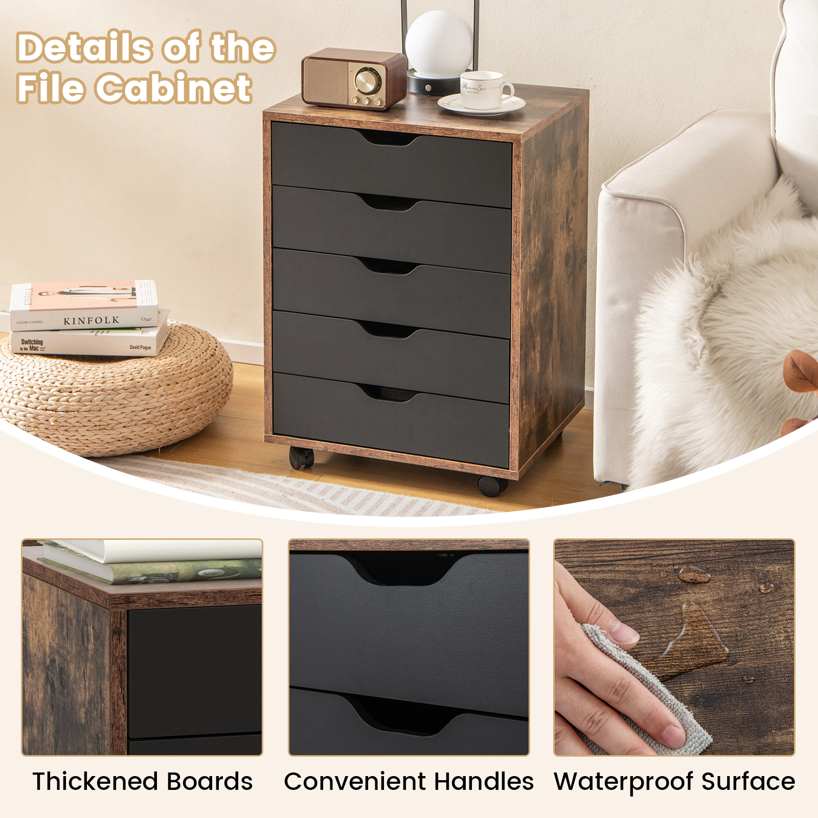 SUGIFT 25-in 5-Drawer Mobile Rolling File Cabinet Storage Cabinet with Lockable Casters for Home Office
