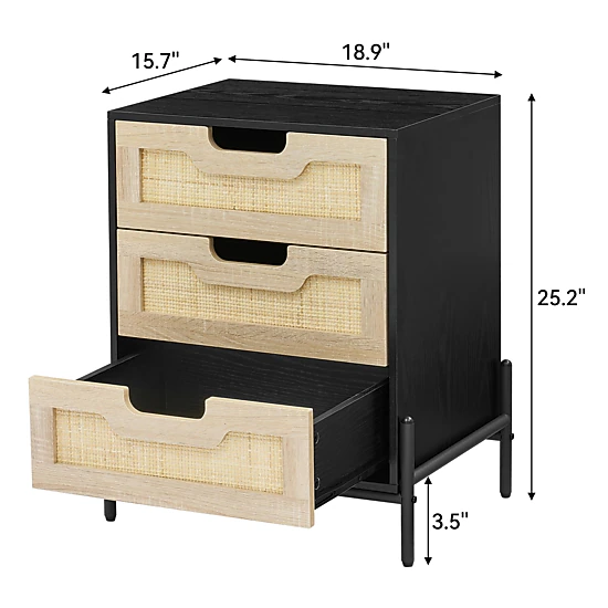 BebreezChic Set of 2, Modern Bedside Table with 3 Natural Wicker Drawers and Shelves for Bedroom and Living Room