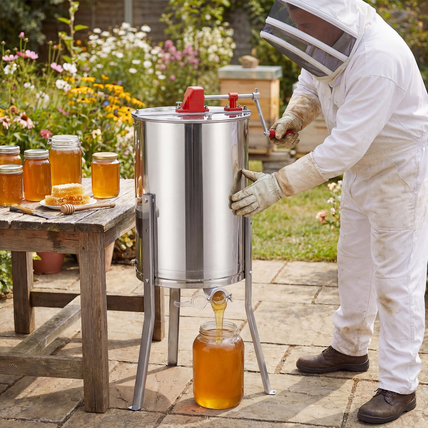 LJG 3 Frame Manual Honey Extractor with Bottom Gravity Flow Gate and Clear Lid for Home Apiary