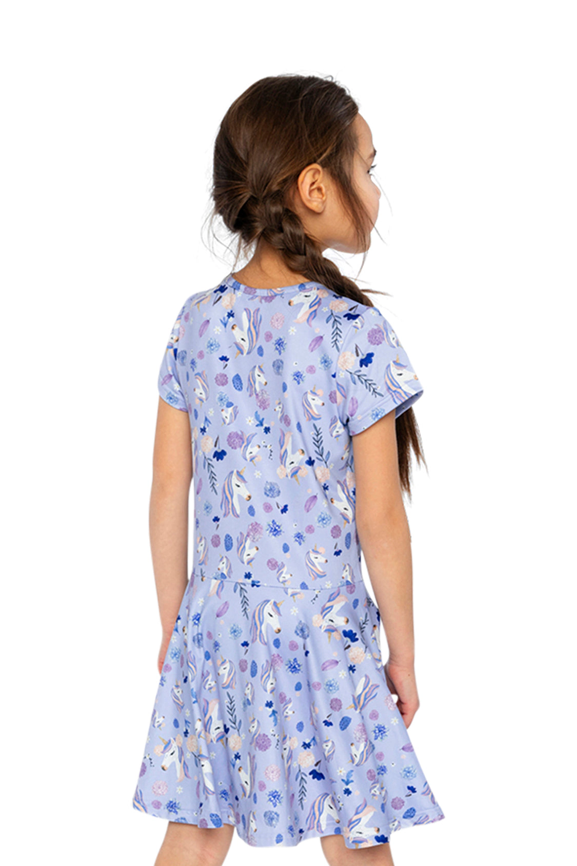 Deux par Girls Unicorn and Floral Print Short Sleeve Drop-Waist Dress
