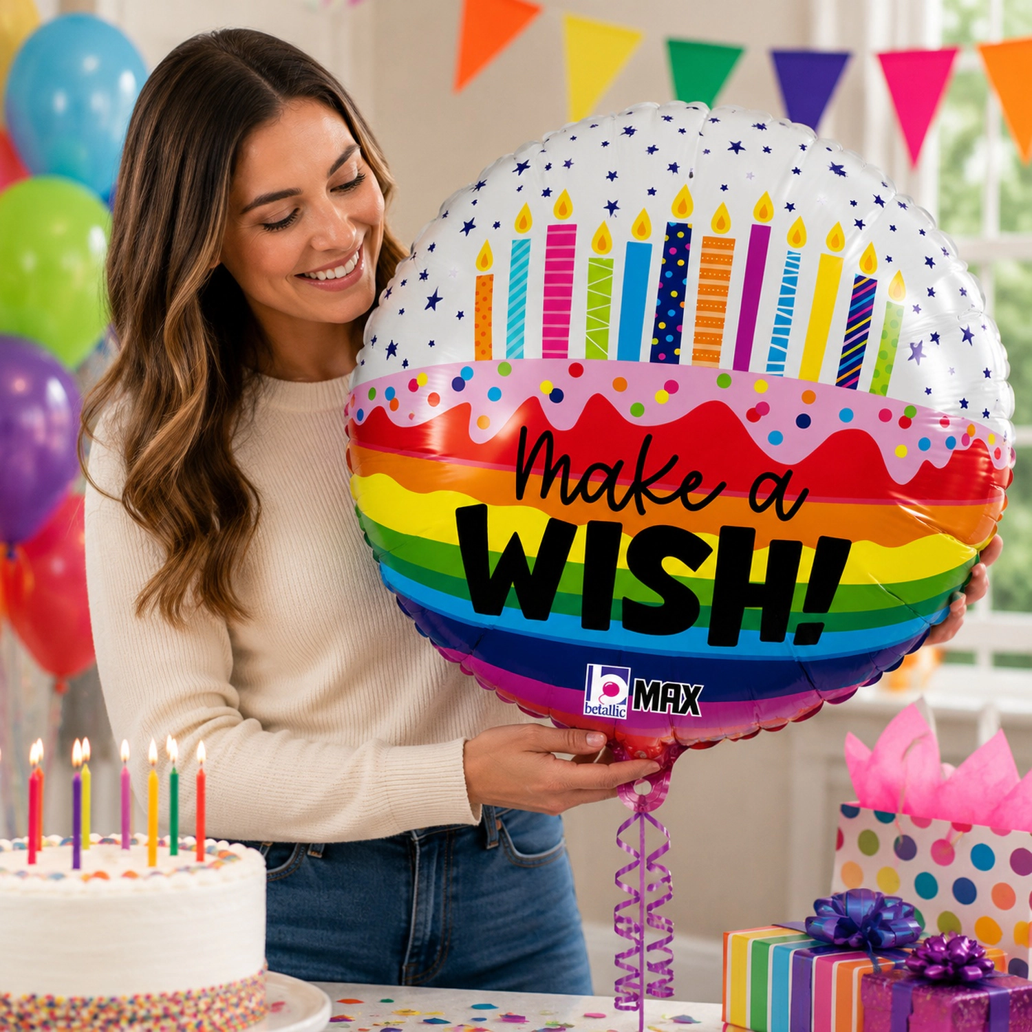 LoonBalloon Birthday Wishes Rainbow Foil Balloons, 5 Pack